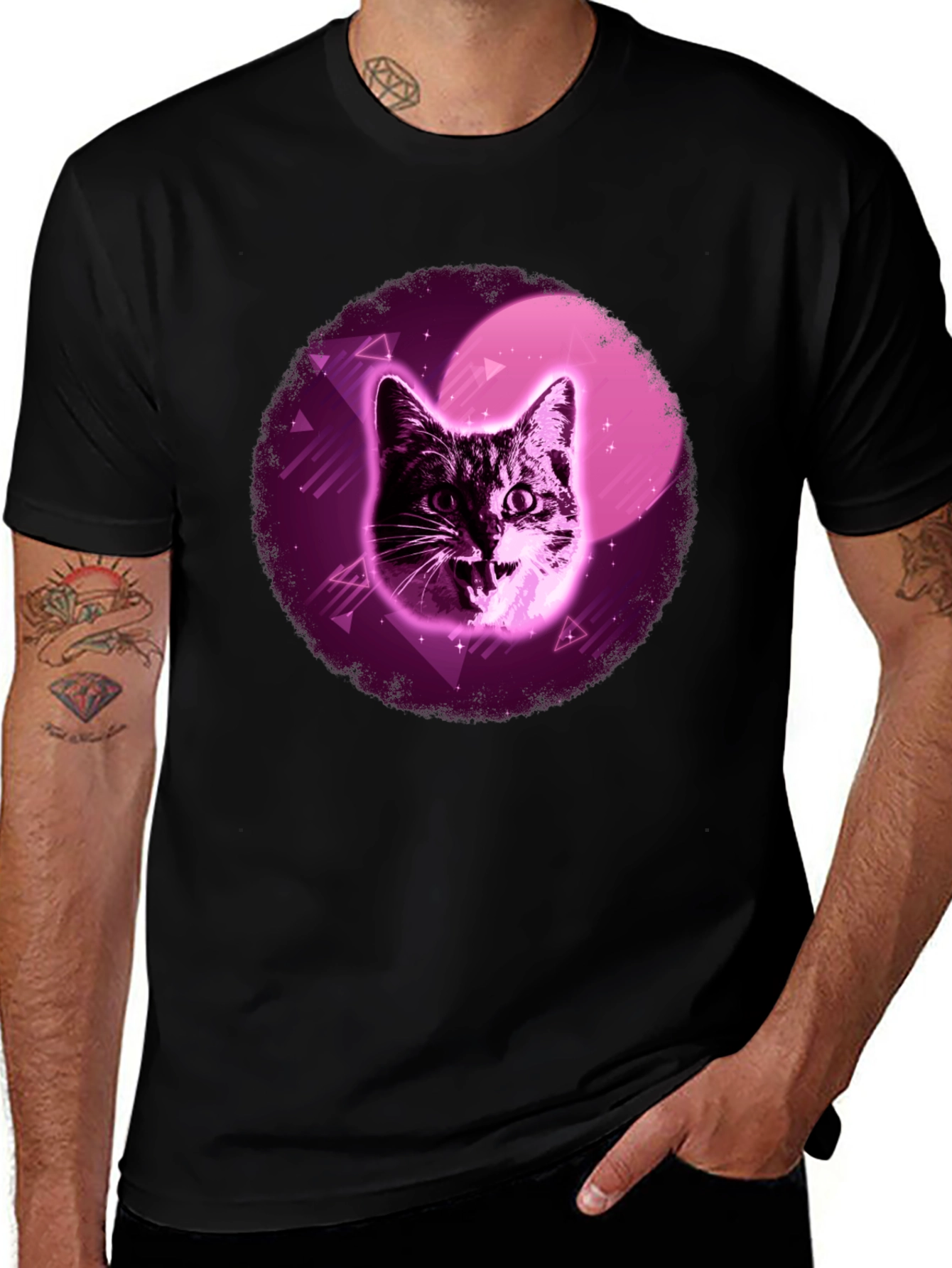 Retro Cat T-Shirt - Black Cotton Blend