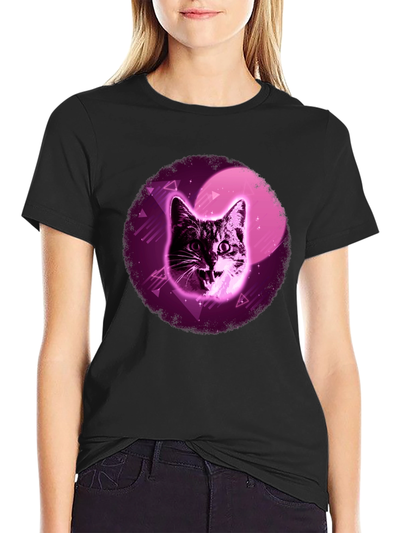 Retro Cat T-Shirt - Black Cotton Blend