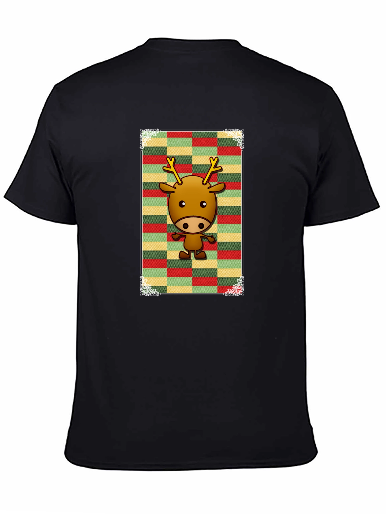 Cartoon Reindeer Graphic Tee - Black