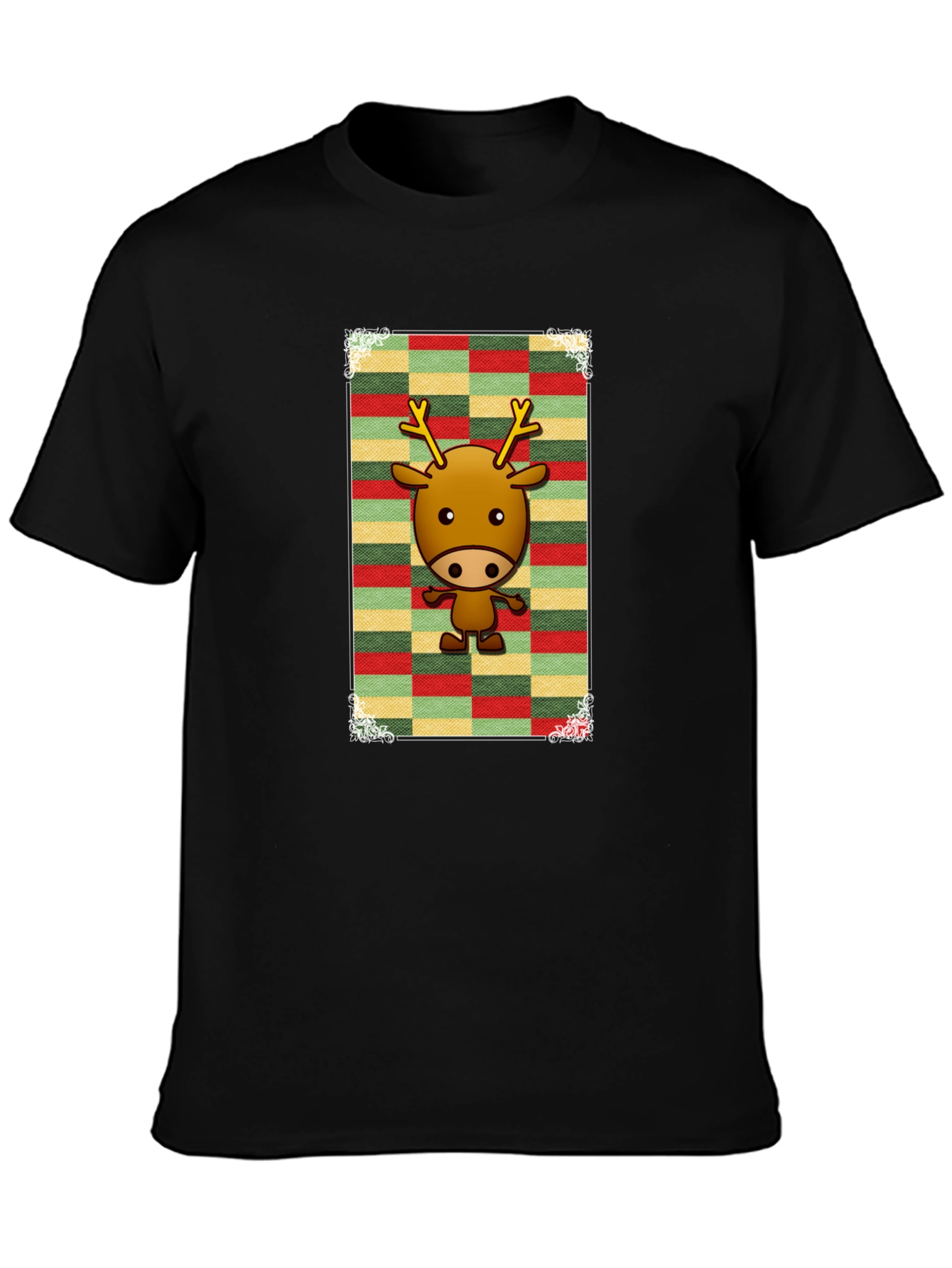 Cartoon Reindeer Graphic Tee - Black