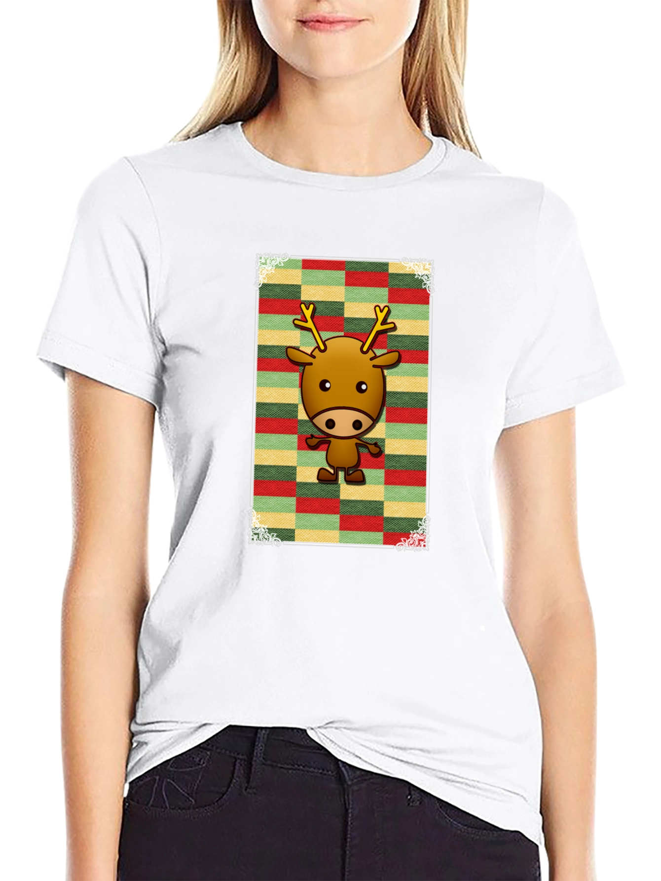 Cartoon Reindeer Graphic Tee - Black