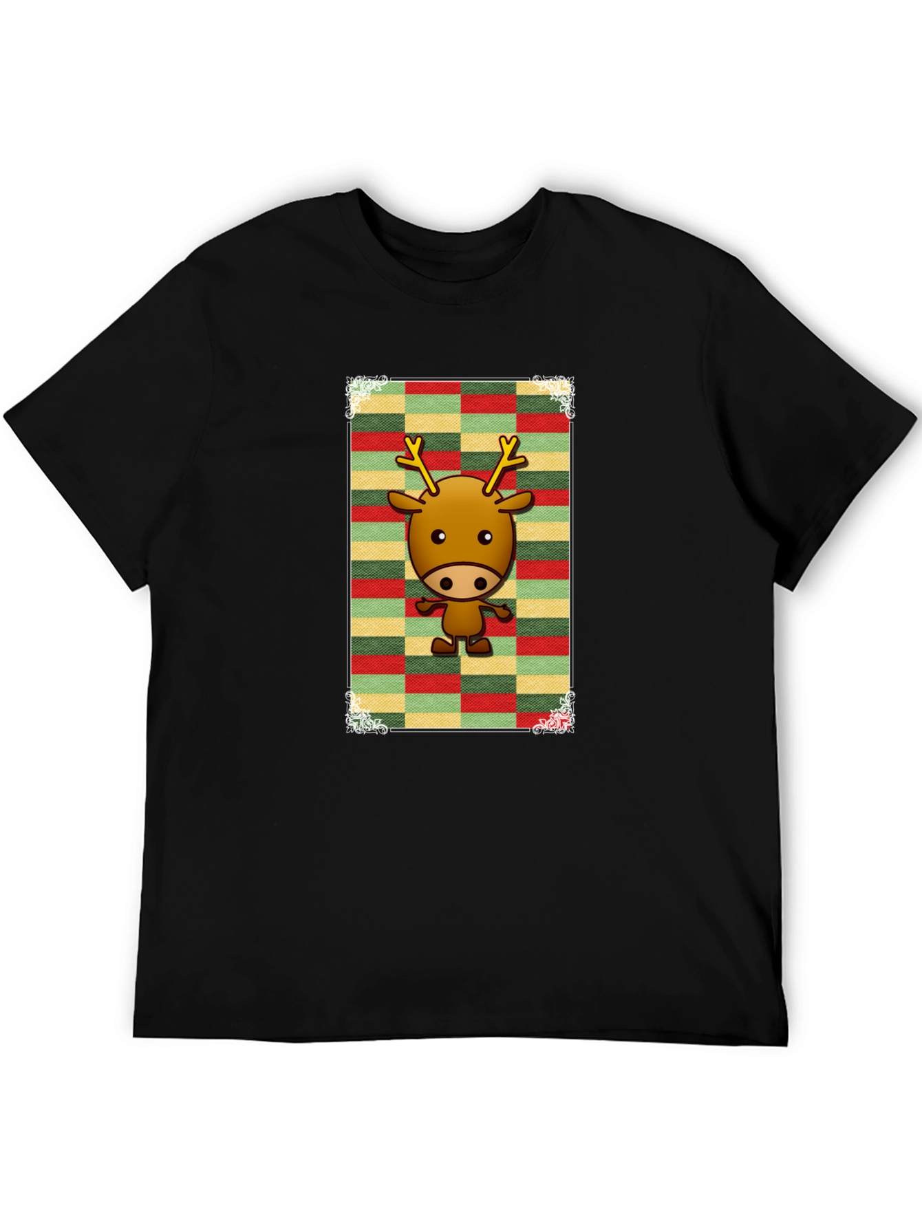 Cartoon Reindeer Graphic Tee - Black