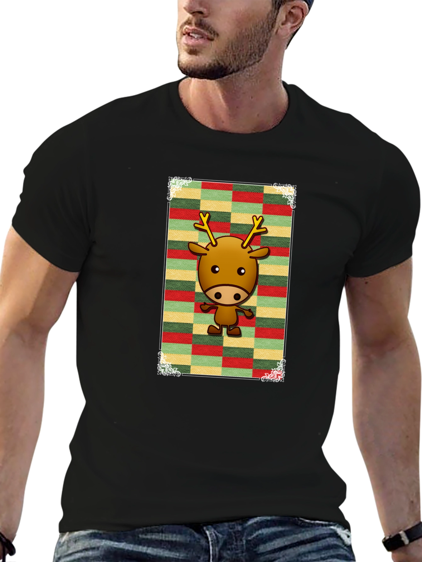 Cartoon Reindeer Graphic Tee - Black