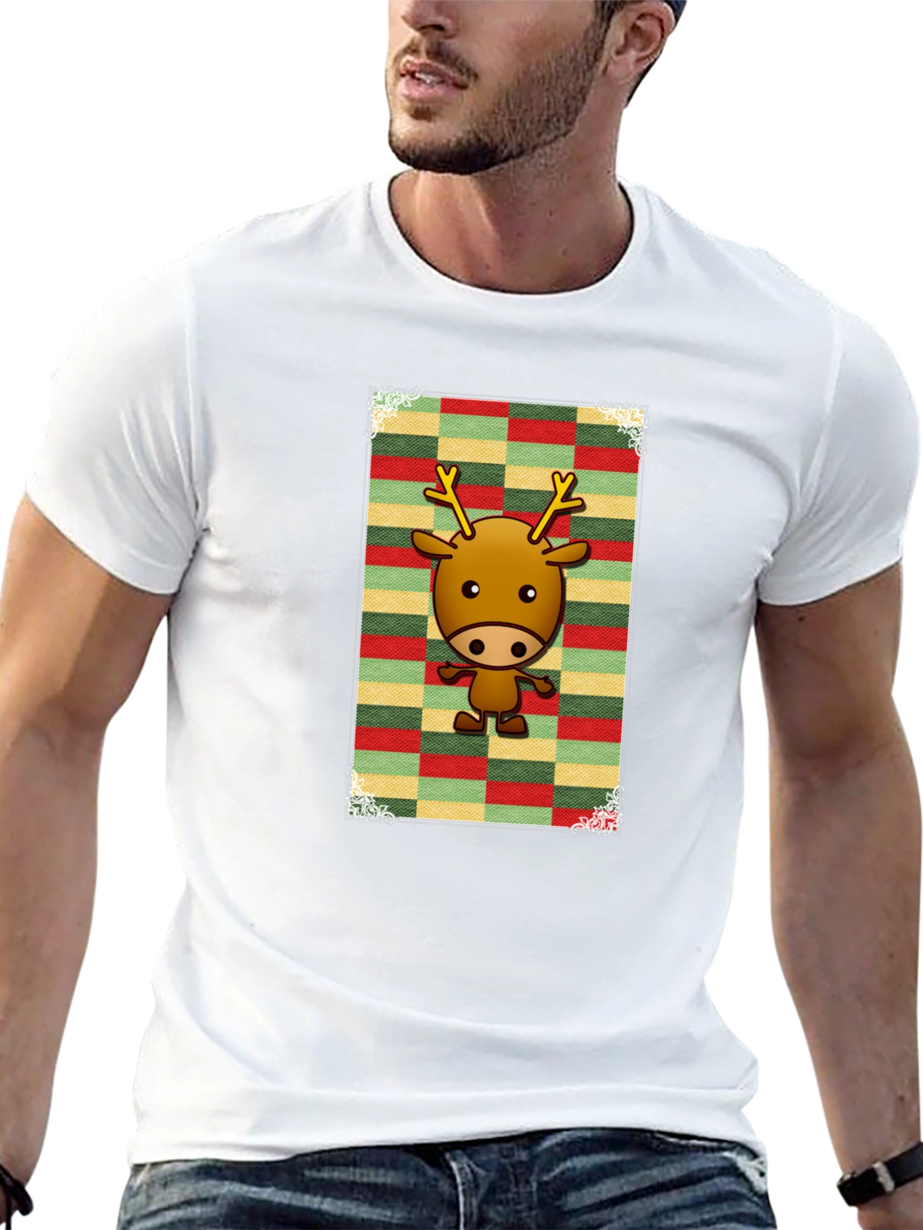 Cartoon Reindeer Graphic Tee - Black