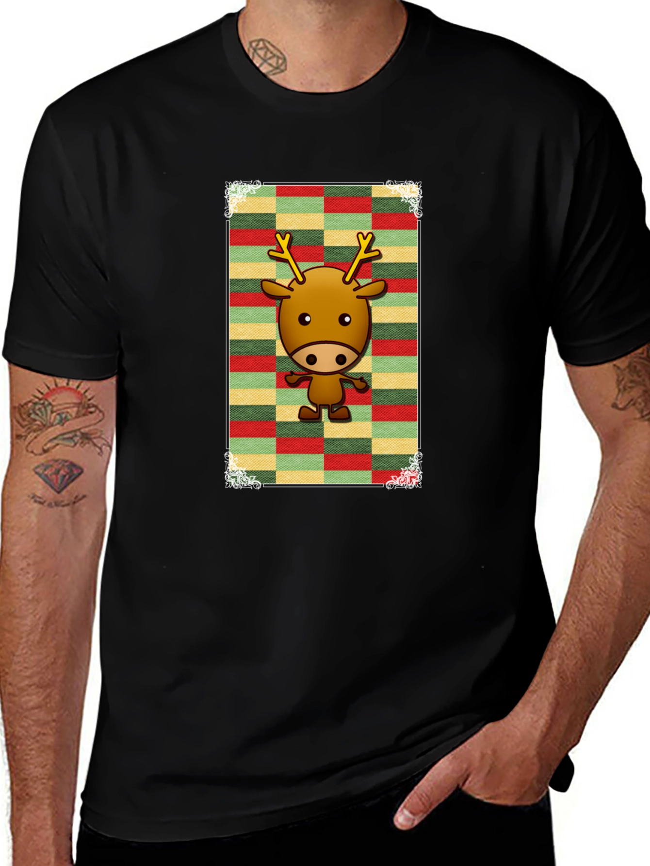 Cartoon Reindeer Graphic Tee - Black