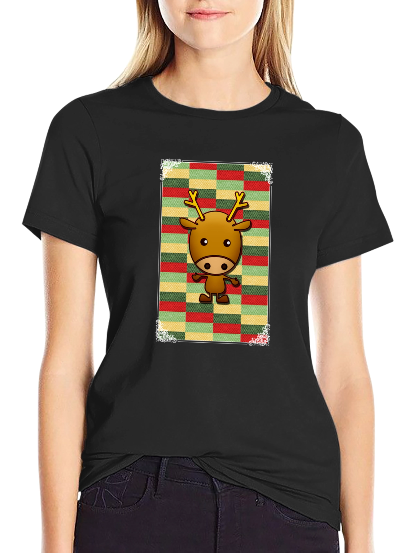 Cartoon Reindeer Graphic Tee - Black