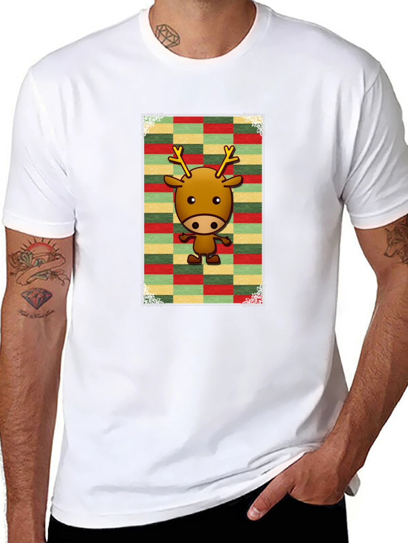 Cartoon Reindeer Graphic Tee - Black