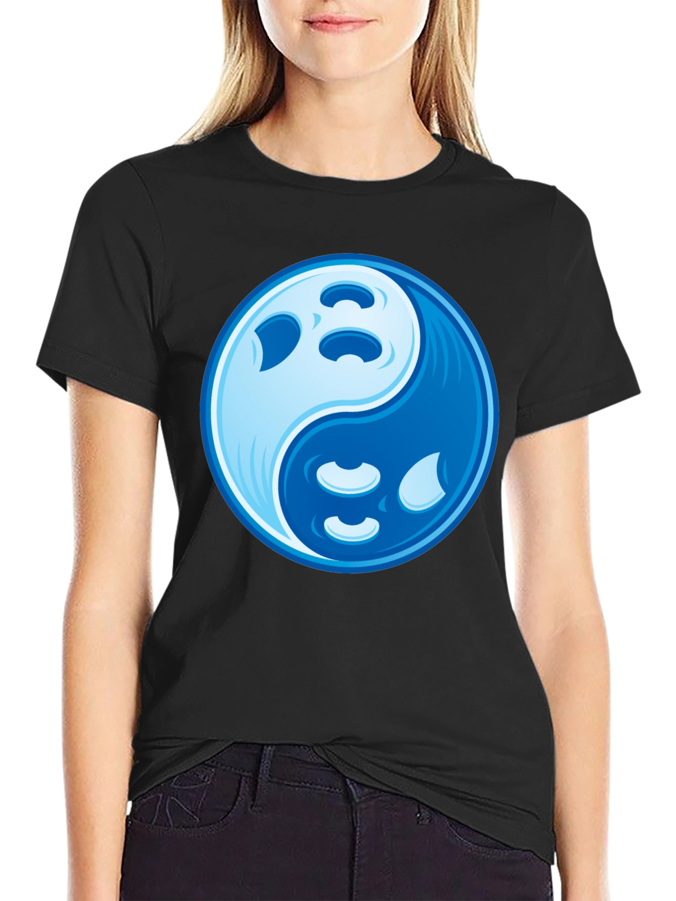 Yin Yang Moon Graphic Tee - Black Cotton Blend