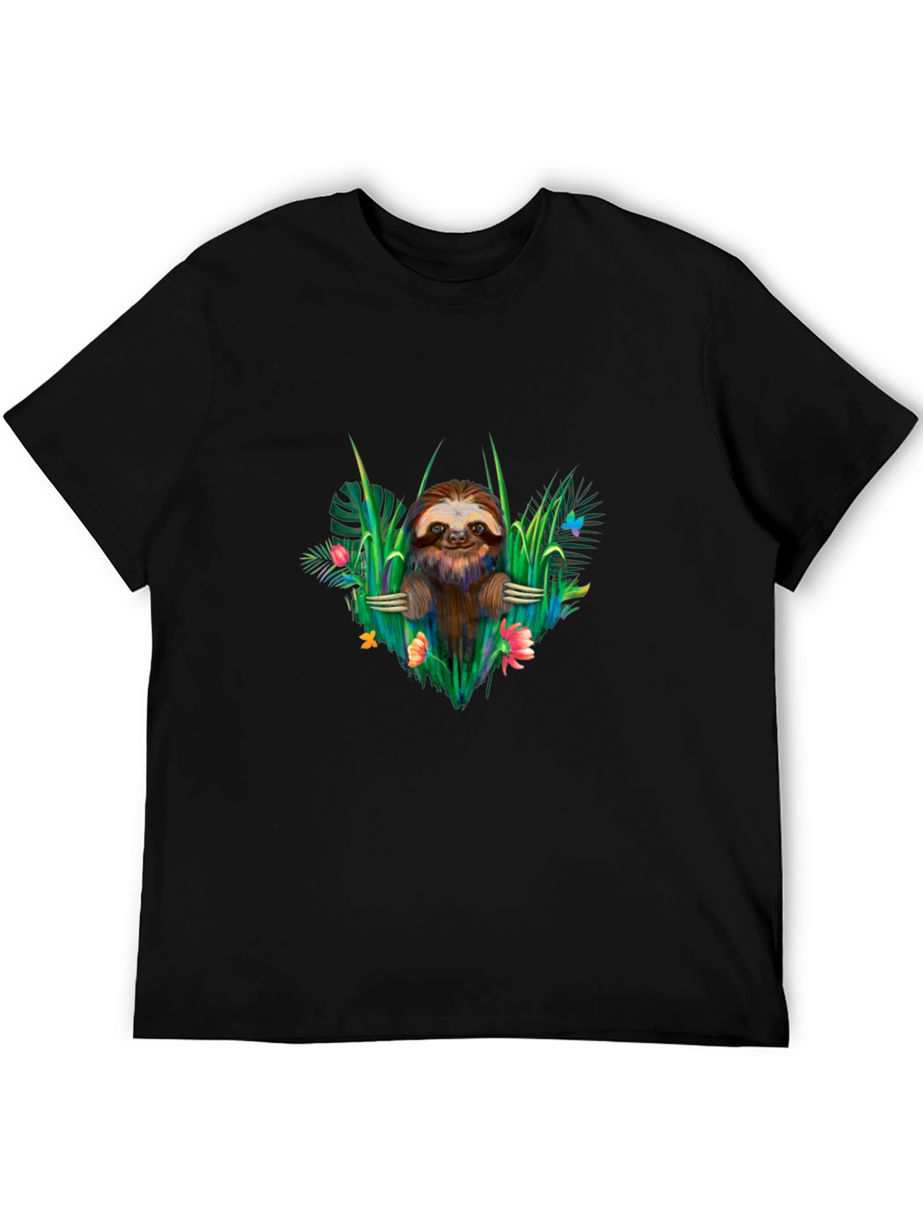 Sloth & Floral Black T-Shirt - Tropical Vibes