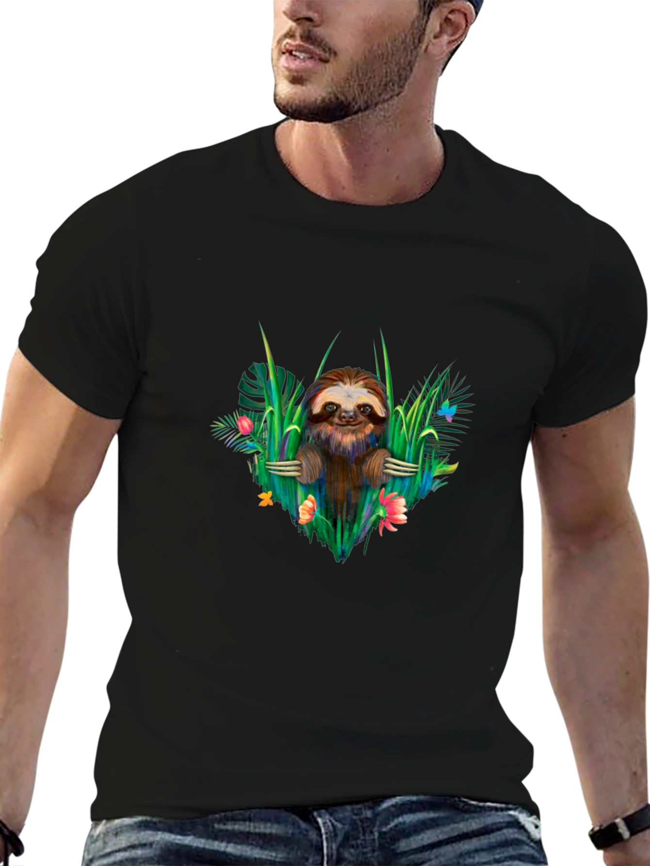 Sloth & Floral Black T-Shirt - Tropical Vibes
