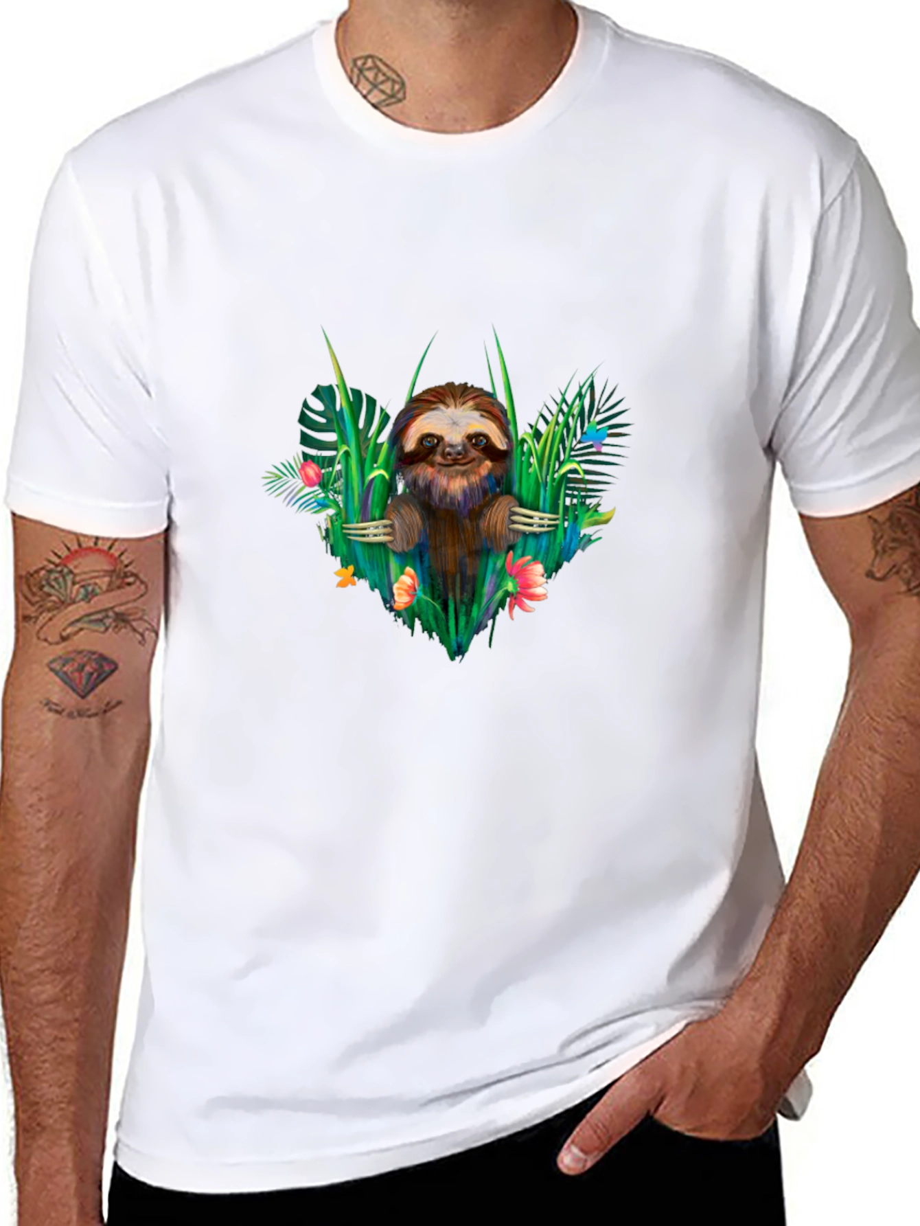 Sloth & Floral Black T-Shirt - Tropical Vibes