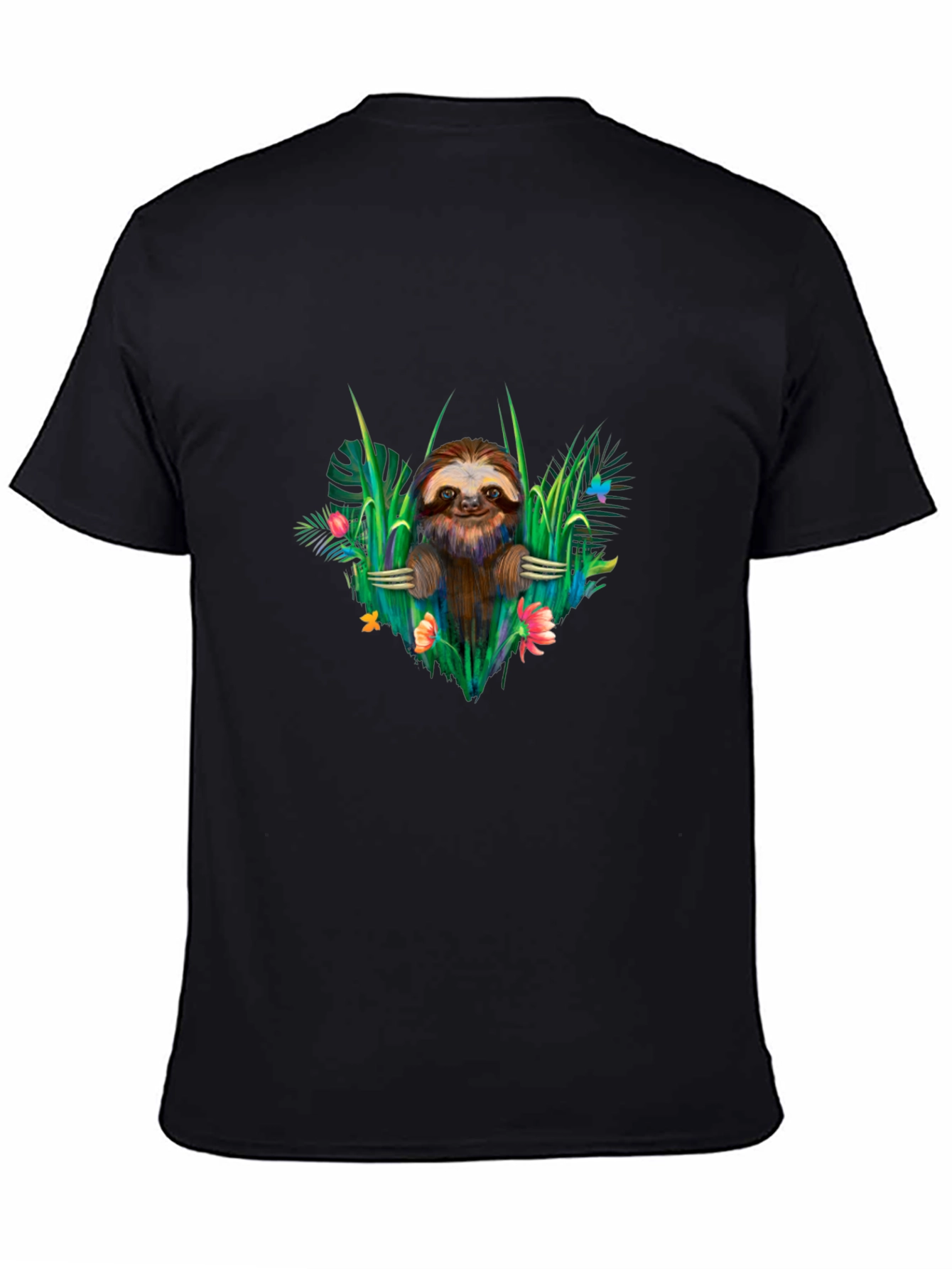 Sloth & Floral Black T-Shirt - Tropical Vibes