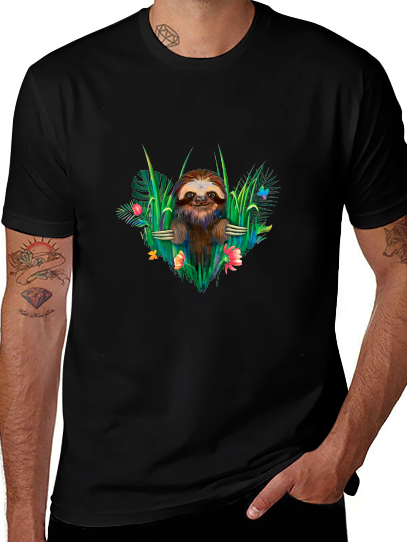 Sloth & Floral Black T-Shirt - Tropical Vibes