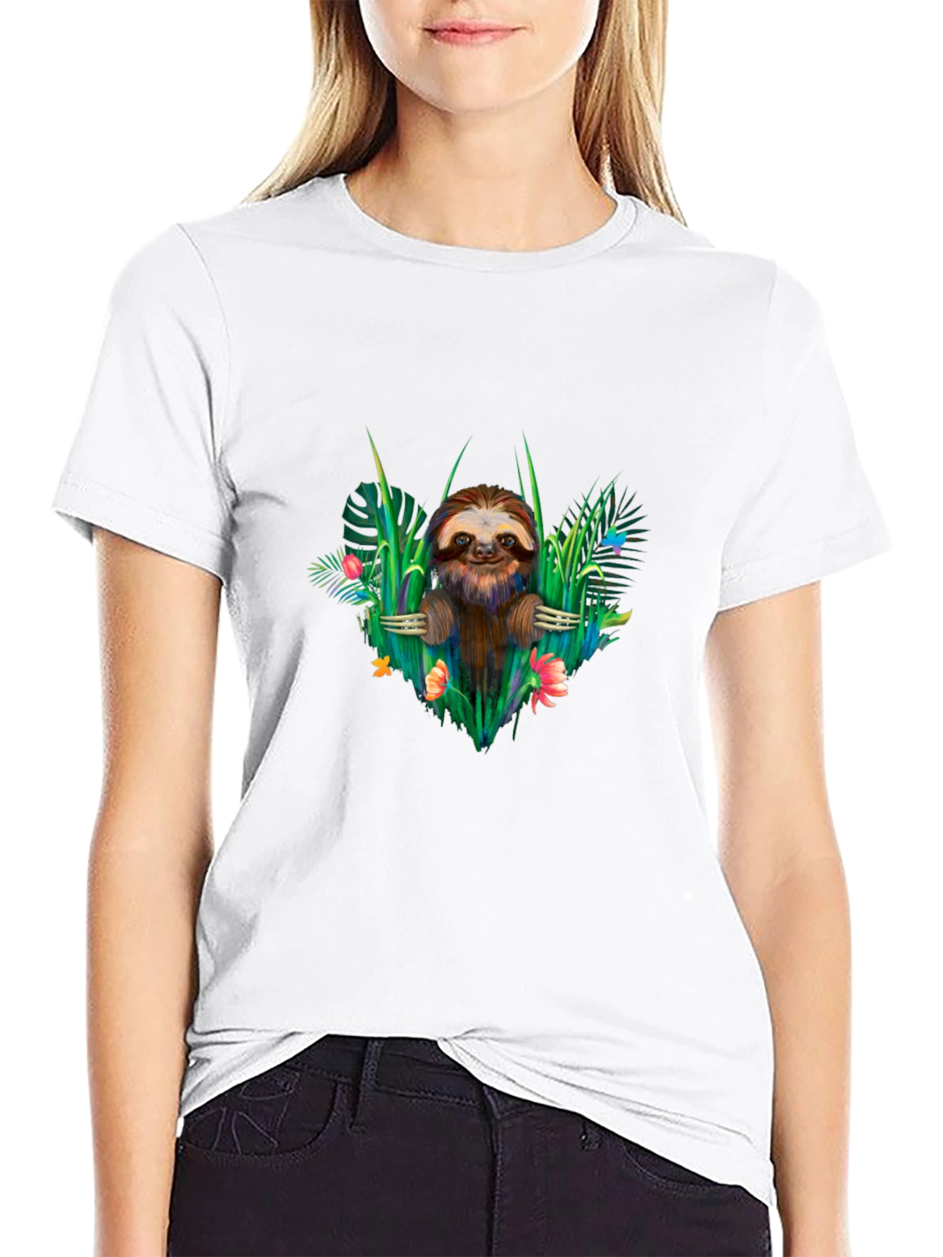 Sloth & Floral Black T-Shirt - Tropical Vibes