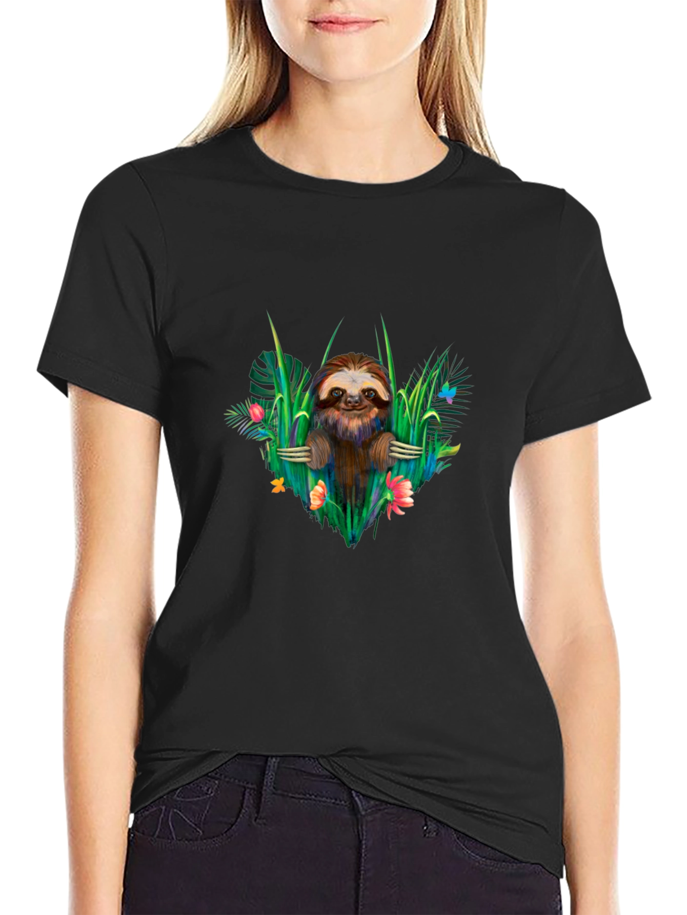 Sloth & Floral Black T-Shirt - Tropical Vibes