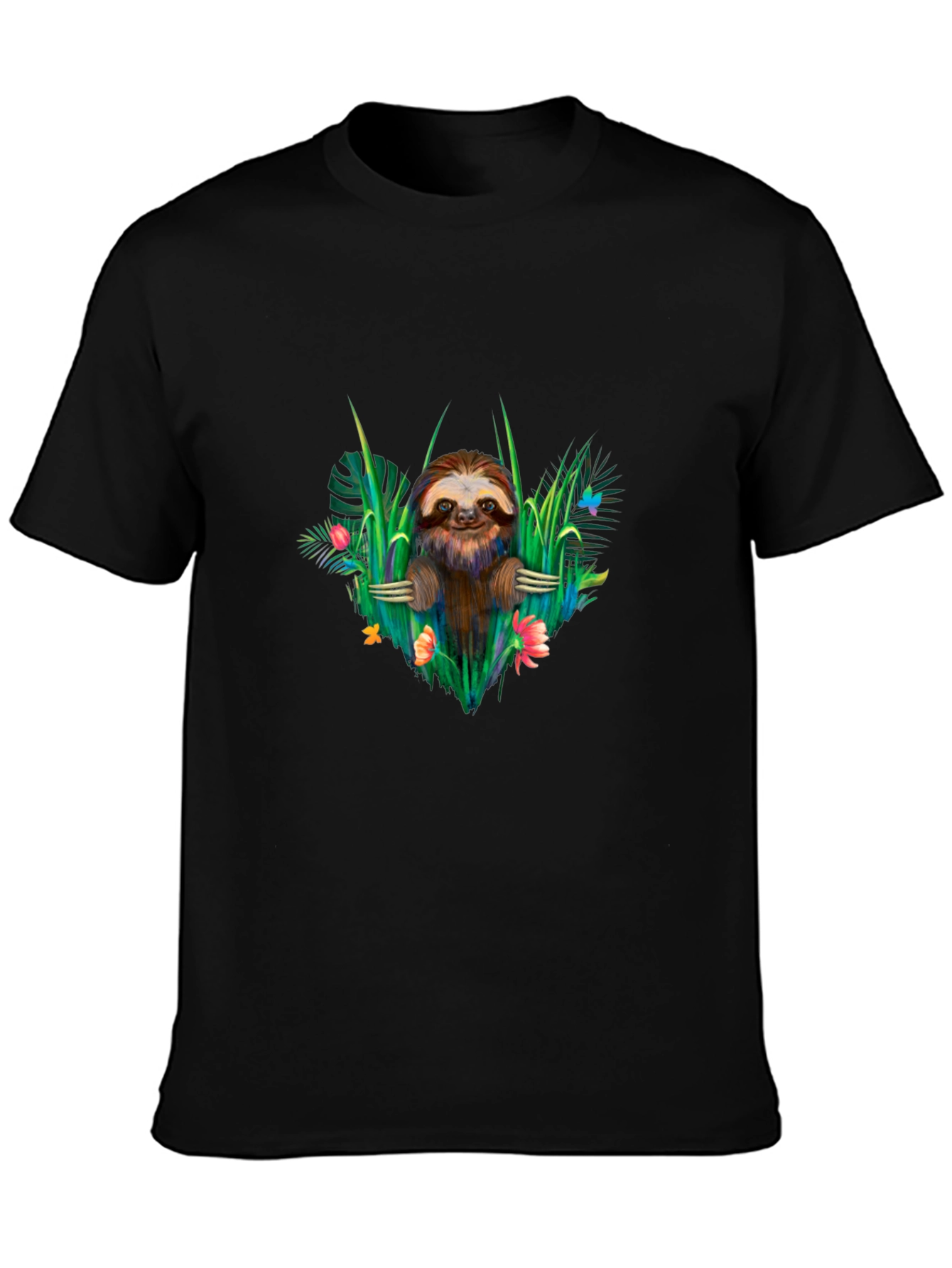 Sloth & Floral Black T-Shirt - Tropical Vibes