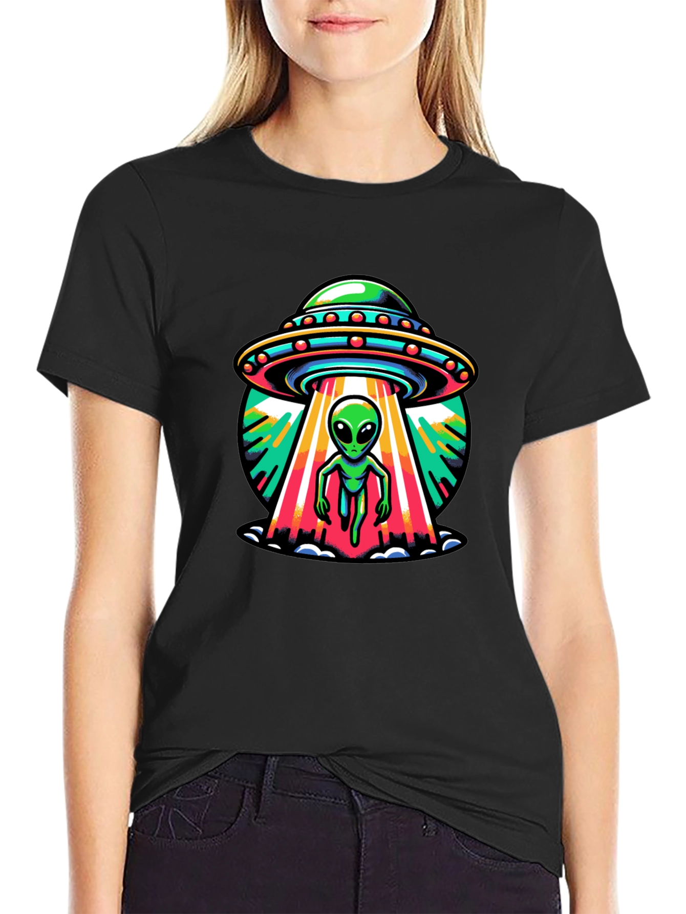 UFO Alien Abduction Graphic Tee - Black Cotton T-Shirt