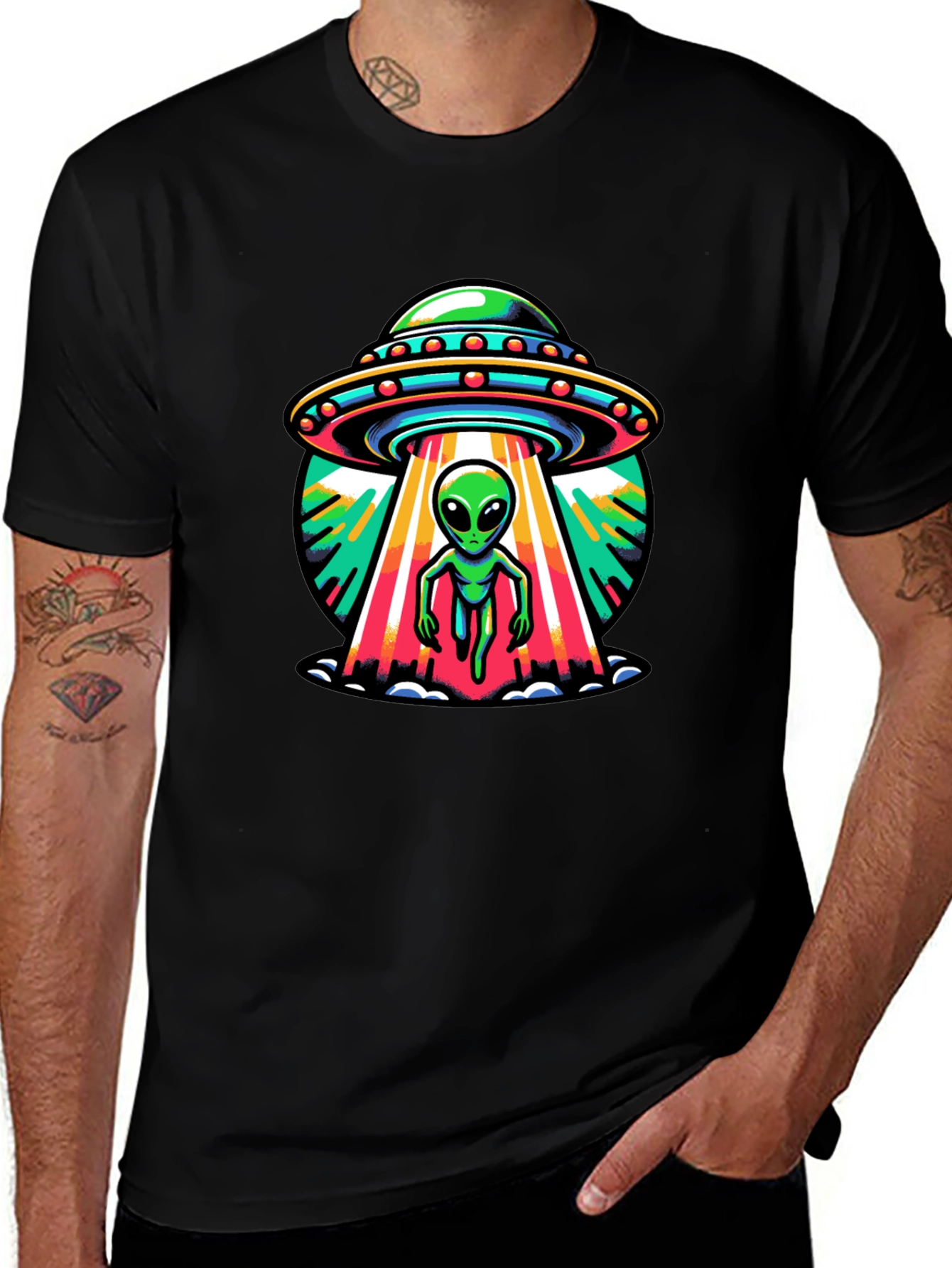 UFO Alien Abduction Graphic Tee - Black Cotton T-Shirt
