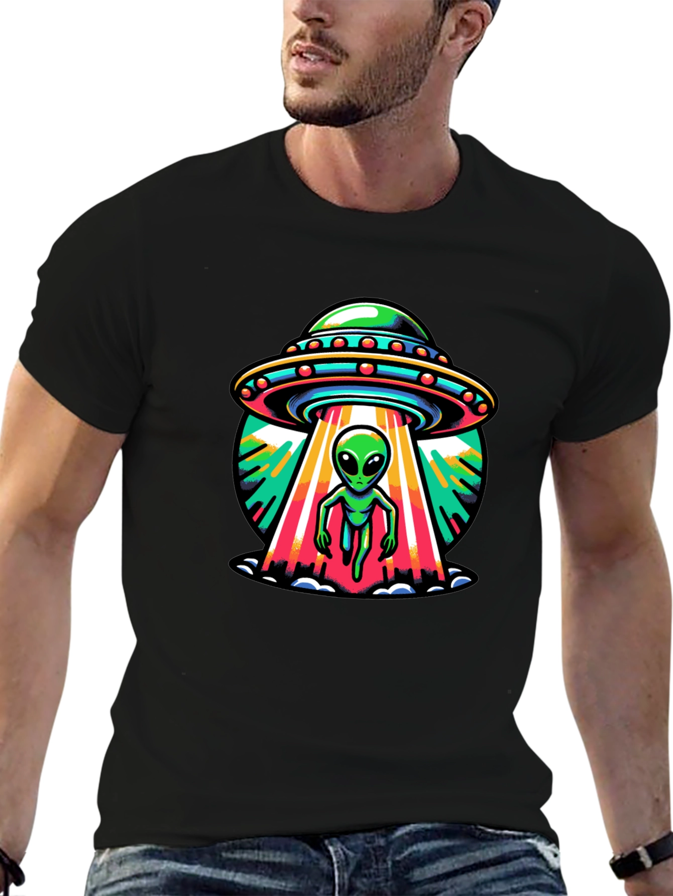 UFO Alien Abduction Graphic Tee - Black Cotton T-Shirt