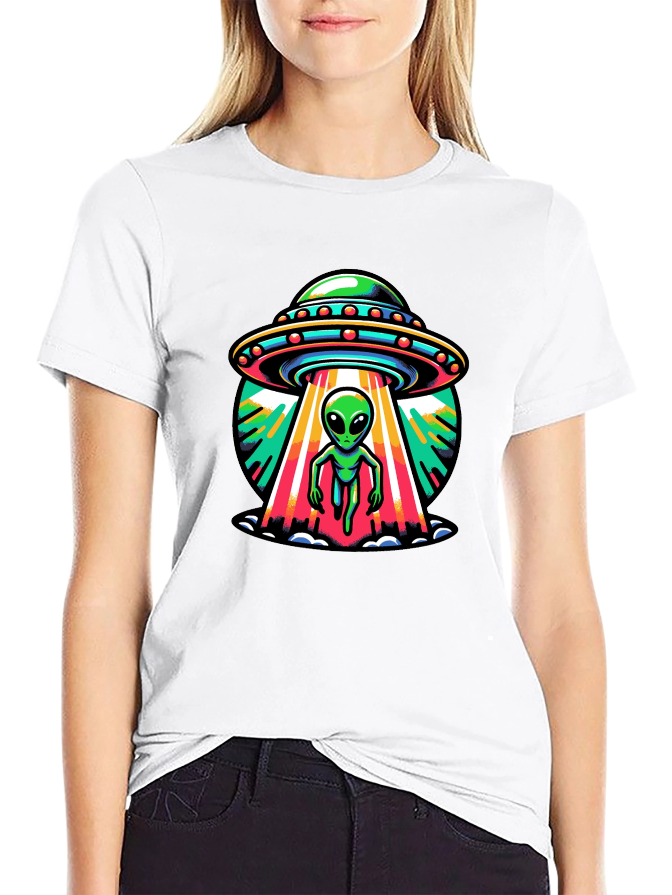 UFO Alien Abduction Graphic Tee - Black Cotton T-Shirt