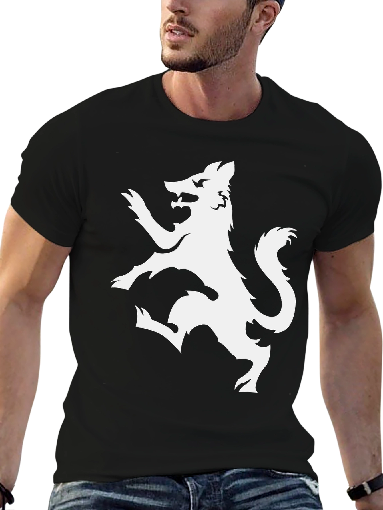 Black T-Shirt with White Wolf Design