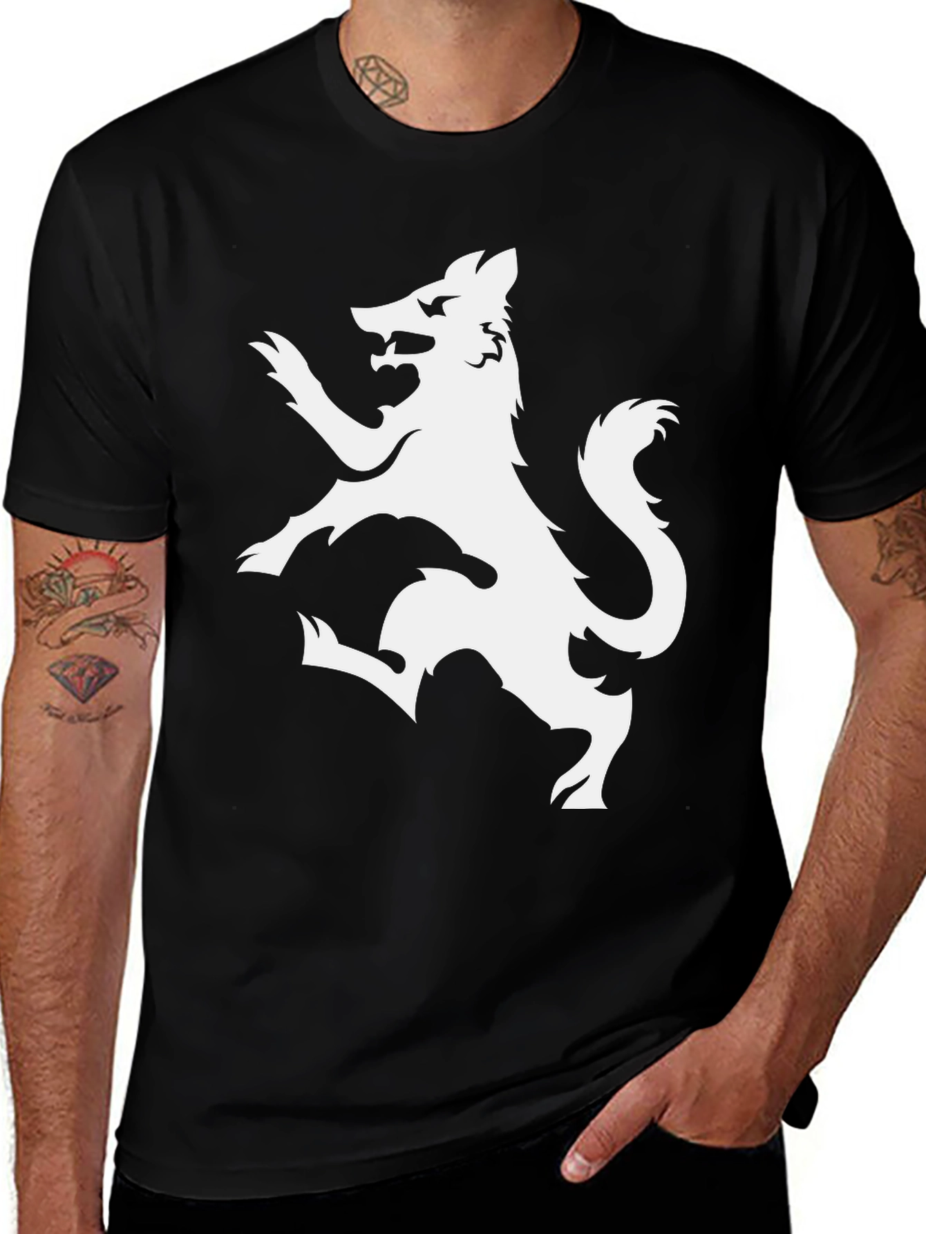 Black T-Shirt with White Wolf Design