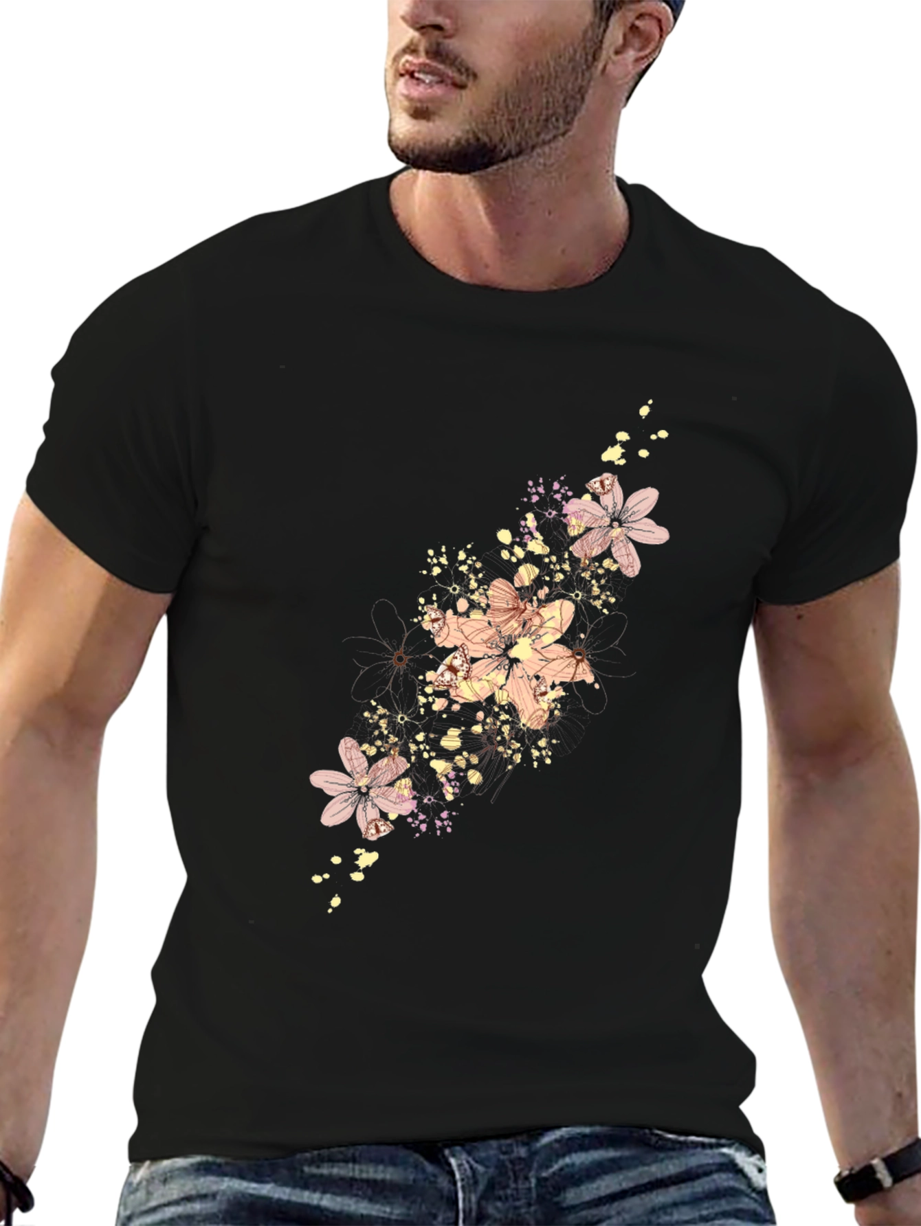 Floral Print Mens Black T-Shirt