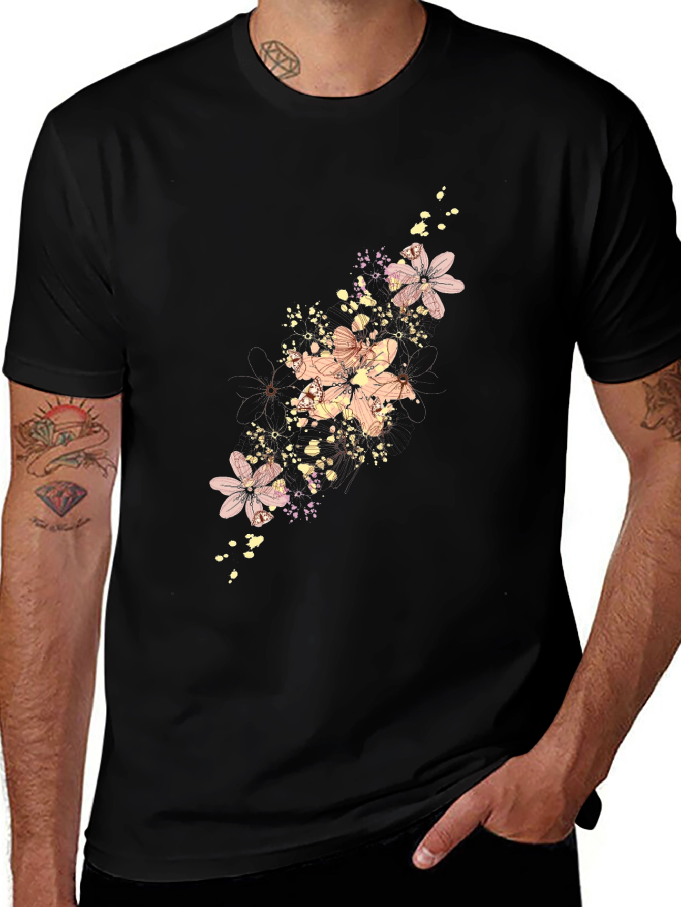 Floral Print Mens Black T-Shirt