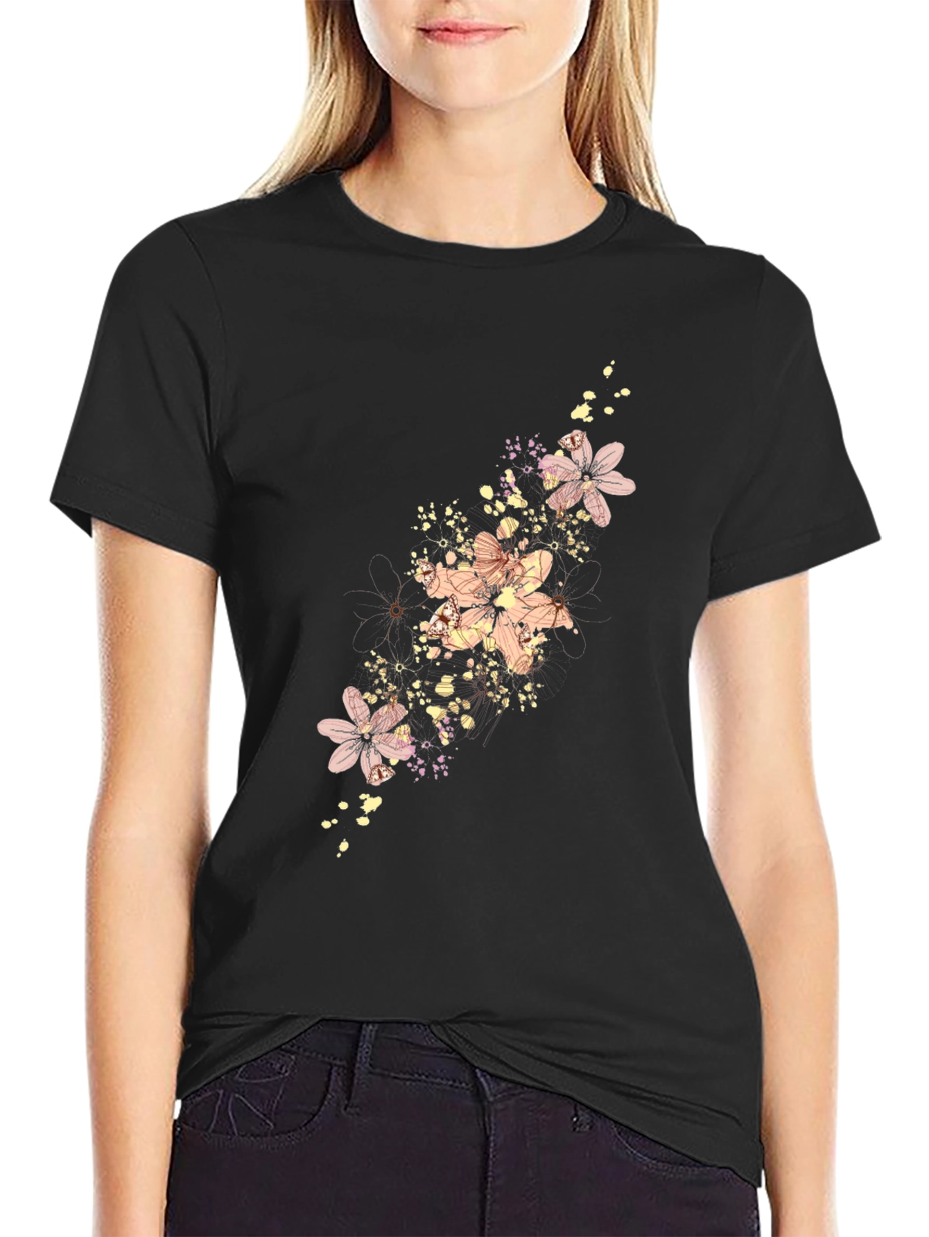 Floral Print Mens Black T-Shirt