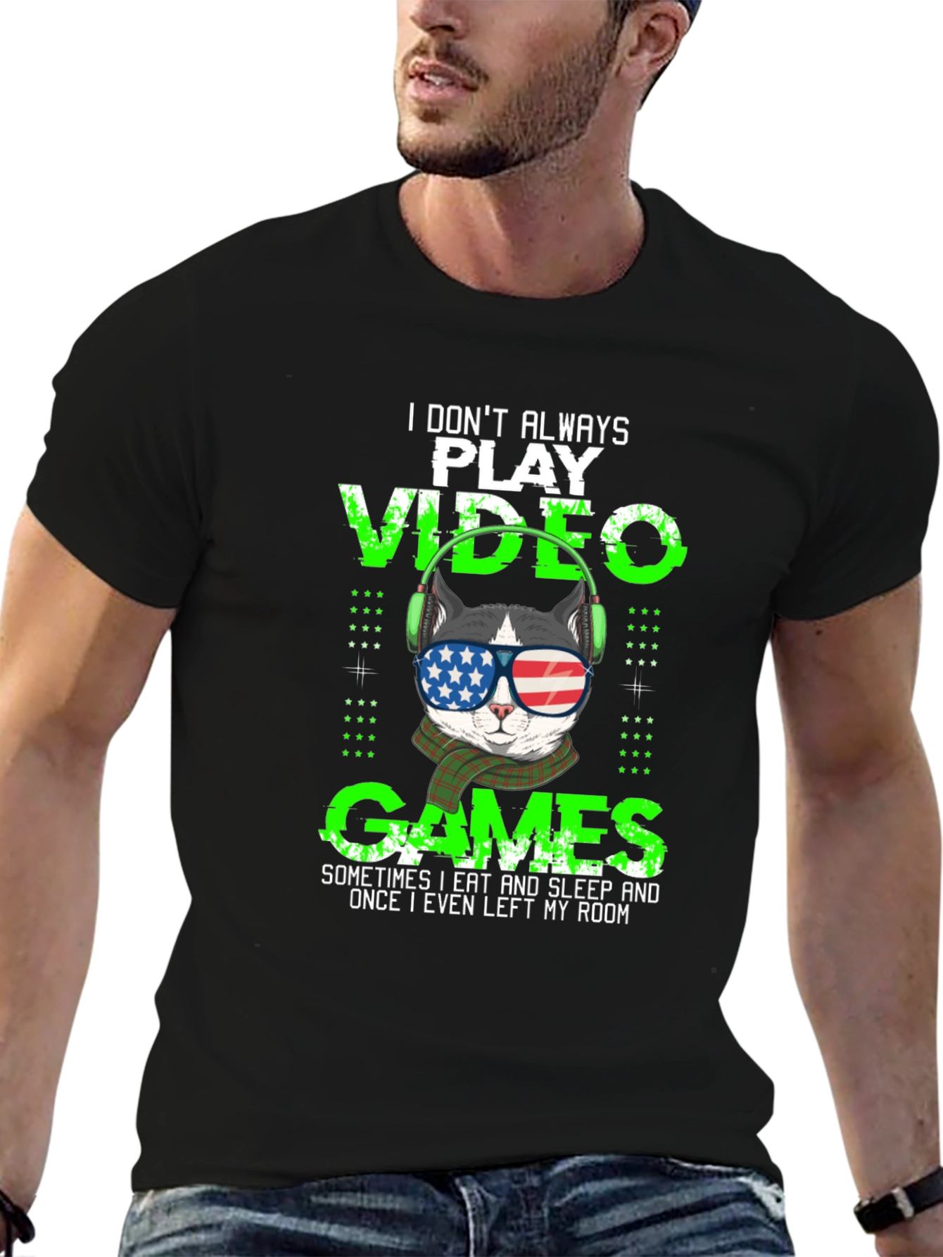 Gamer Cat T-Shirt - American Flag Sunglasses