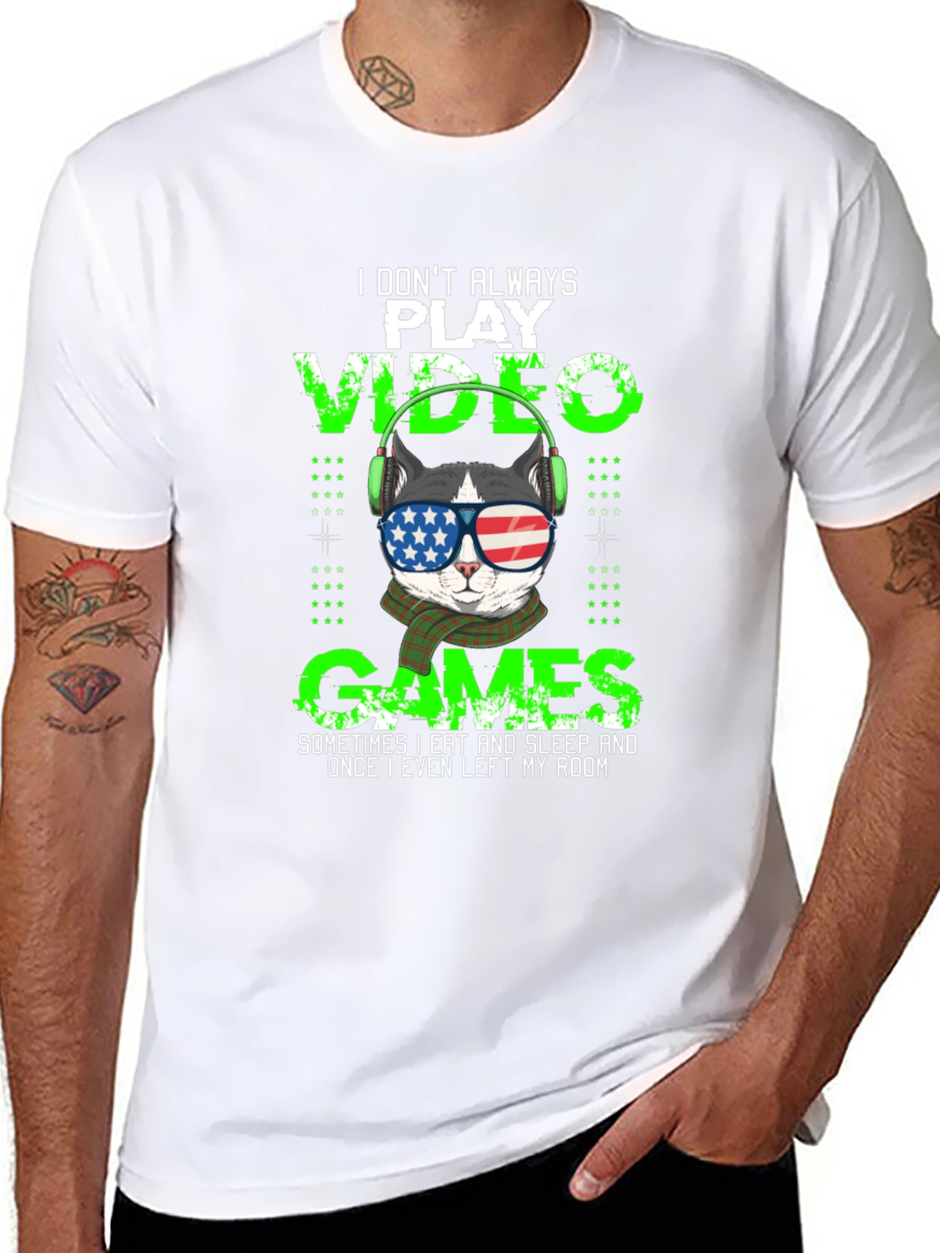 Gamer Cat T-Shirt - American Flag Sunglasses