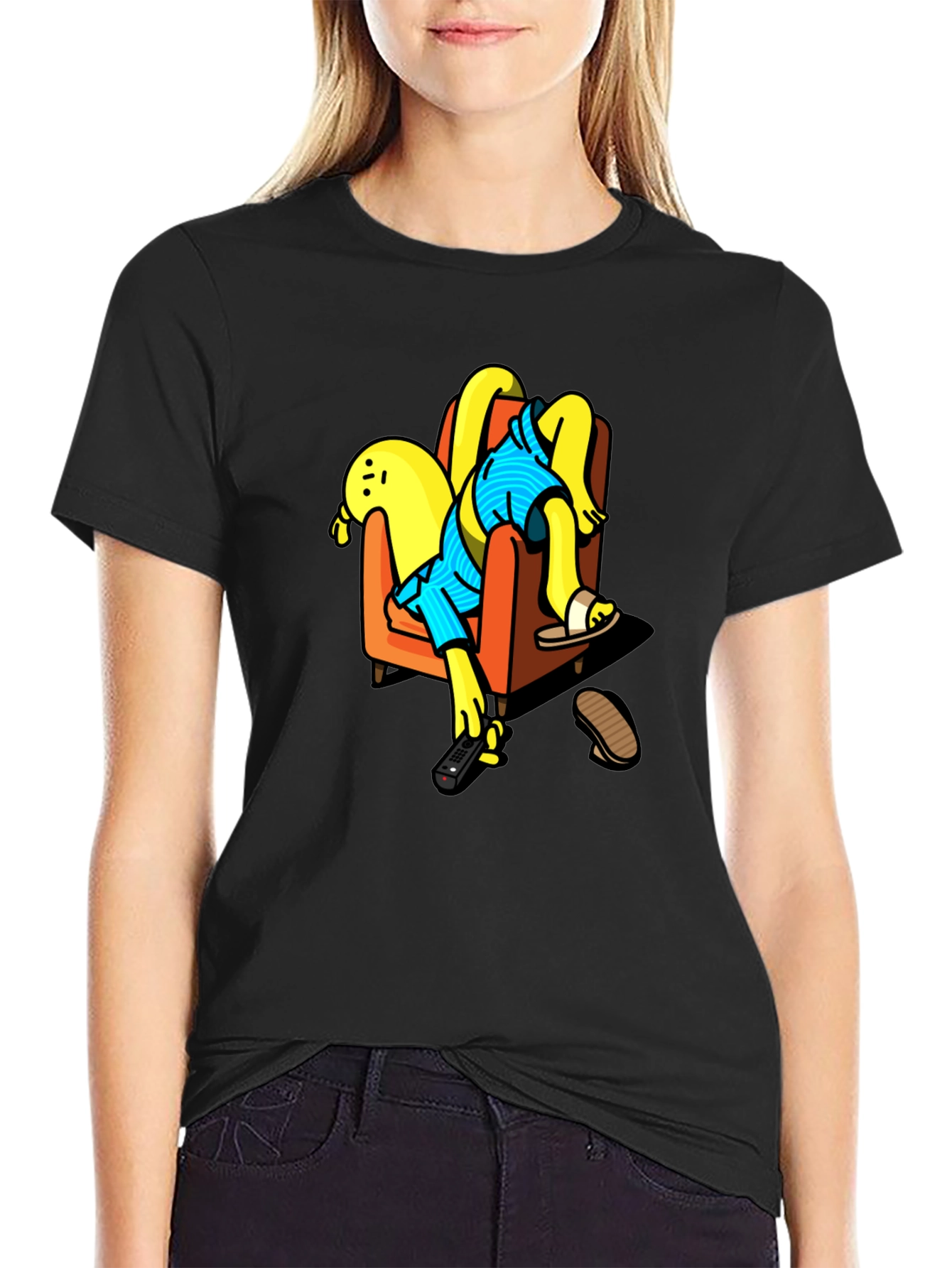 Funny Cartoon Character Relaxing Black T-Shirt