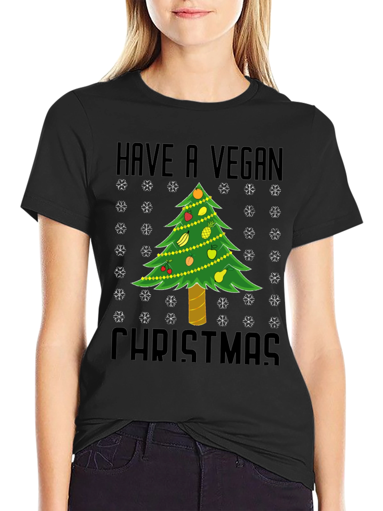 Vegan Christmas T-Shirt - Holiday Tree Fruit Design