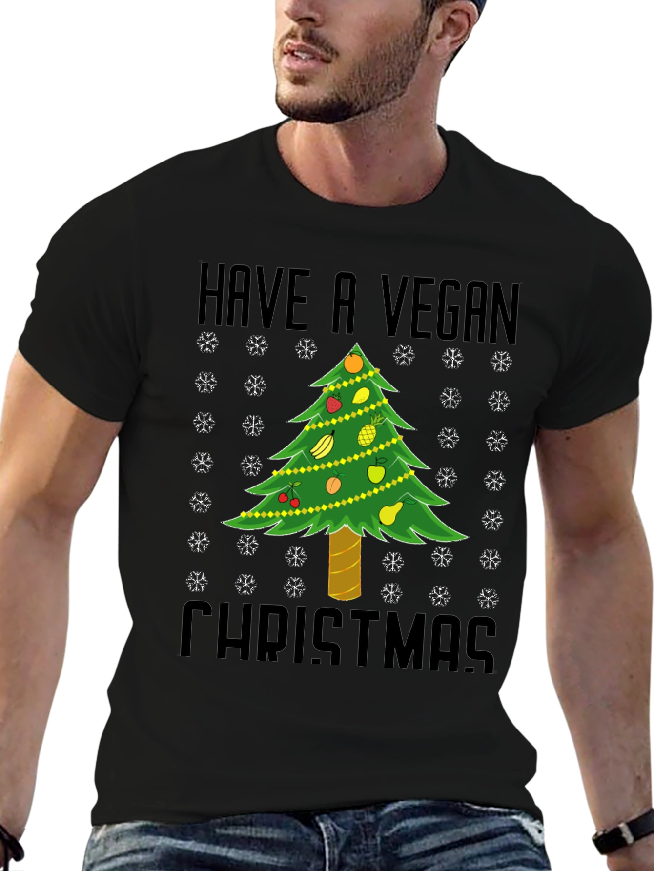 Vegan Christmas T-Shirt - Holiday Tree Fruit Design