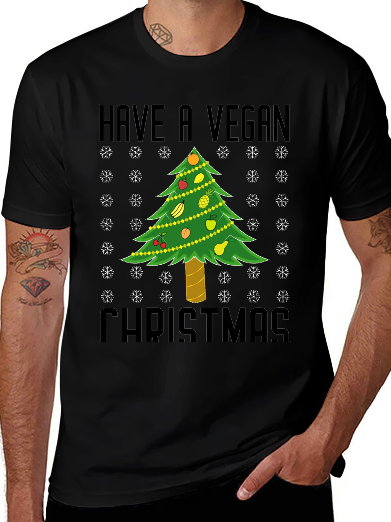 Vegan Christmas T-Shirt - Holiday Tree Fruit Design