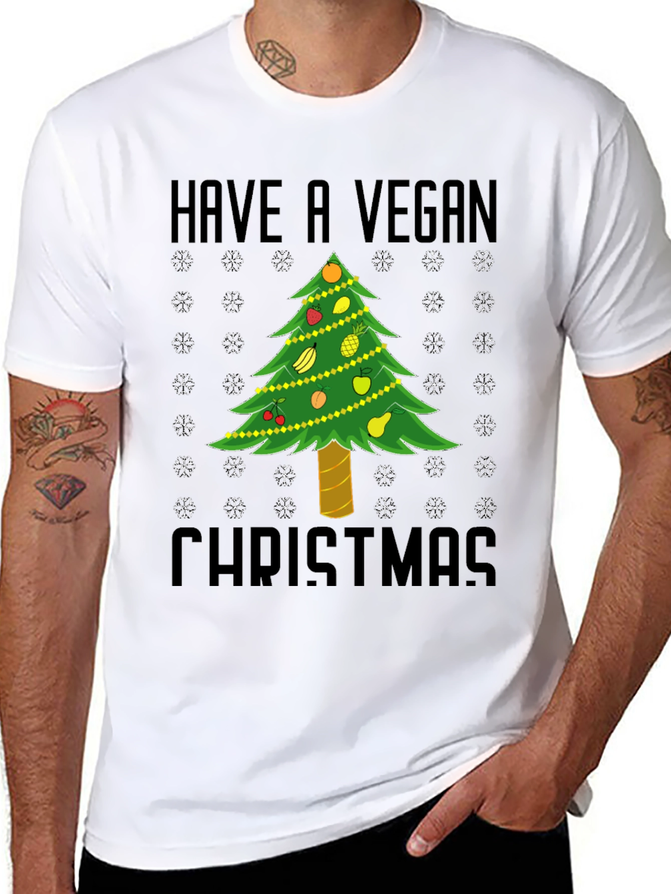 Vegan Christmas T-Shirt - Holiday Tree Fruit Design
