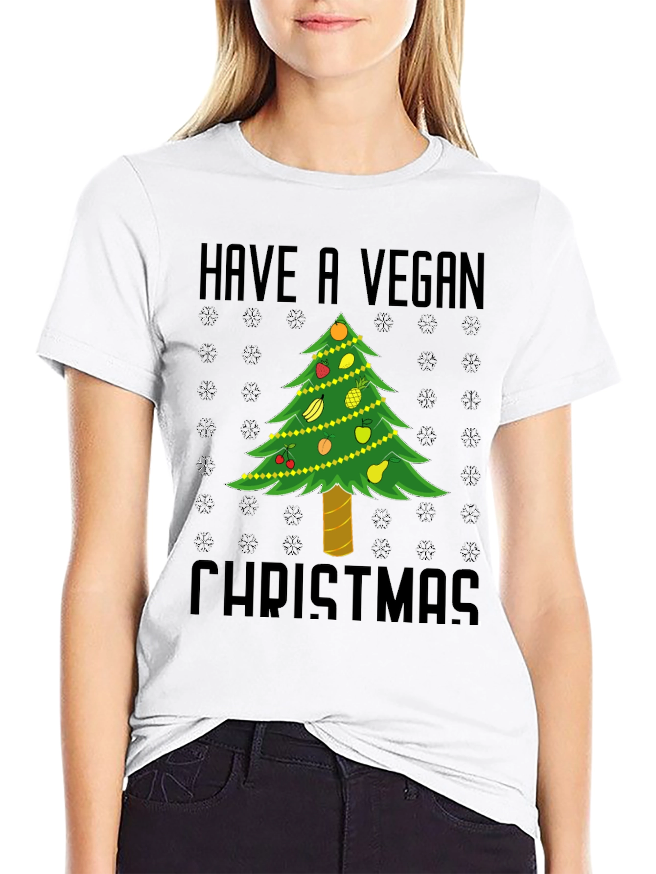 Vegan Christmas T-Shirt - Holiday Tree Fruit Design