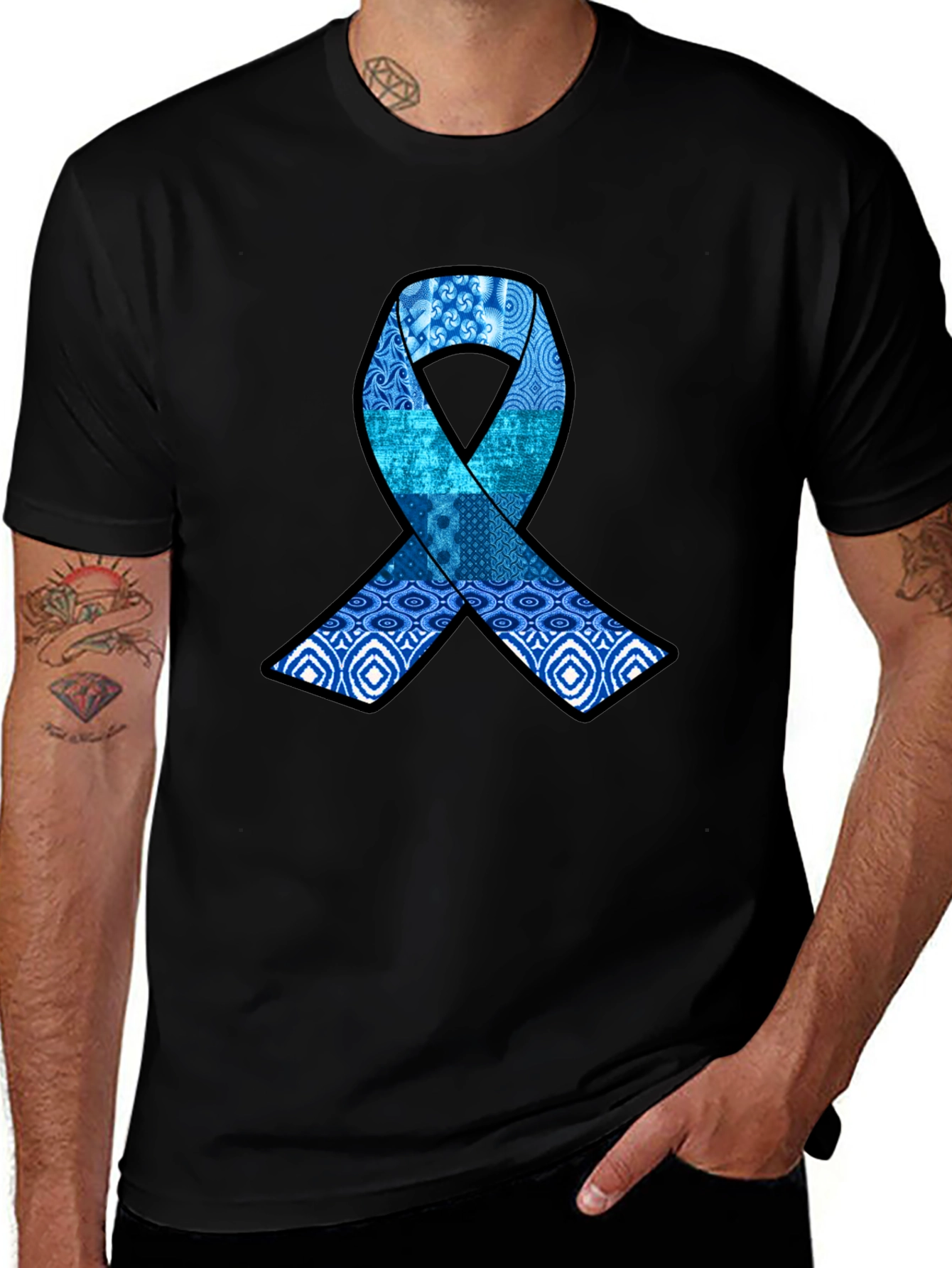 Blue Ribbon Pattern Graphic Tee - Stylish Awareness Shirt