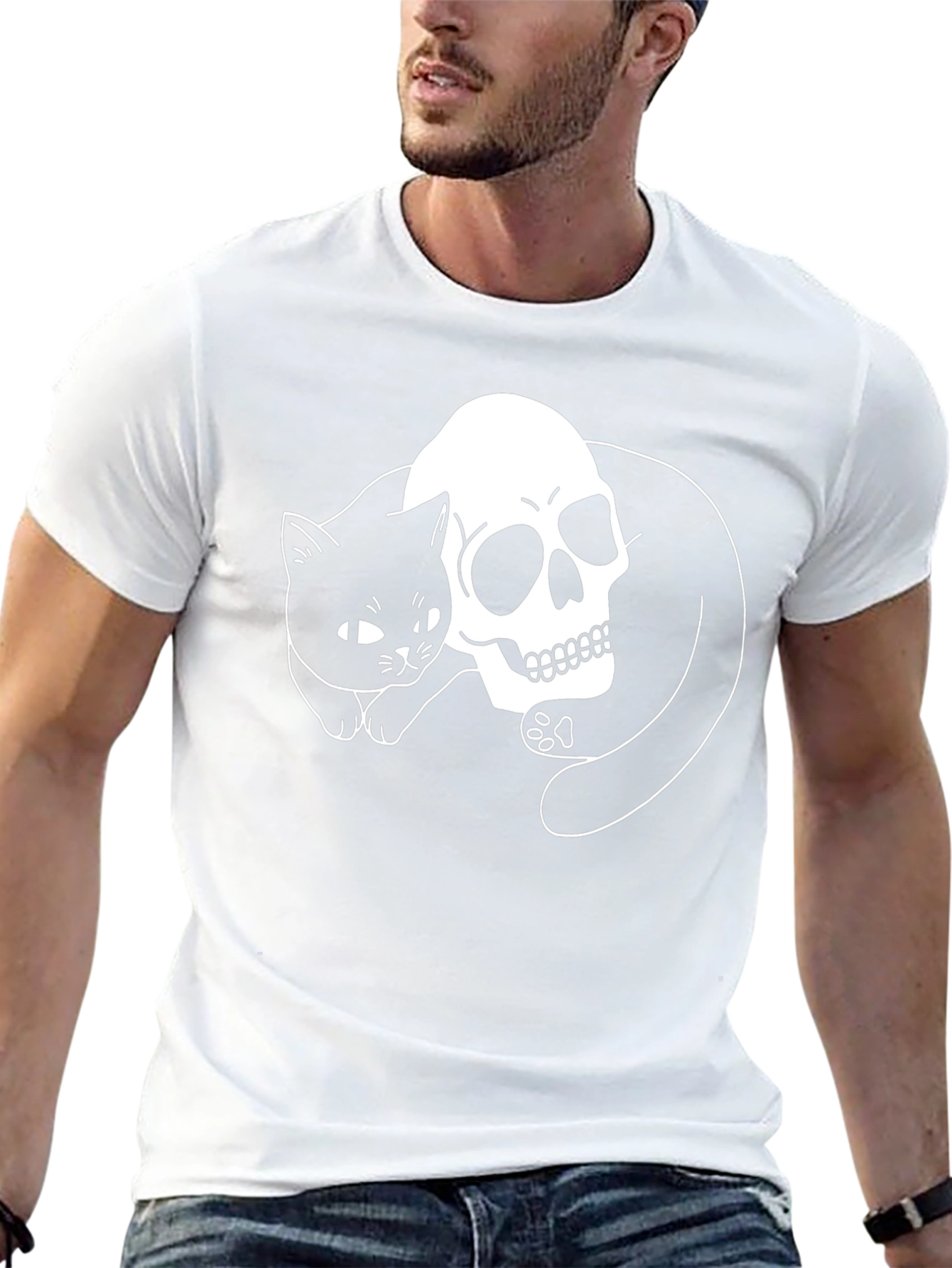 Skull & Cat Graphic T-Shirt - Black