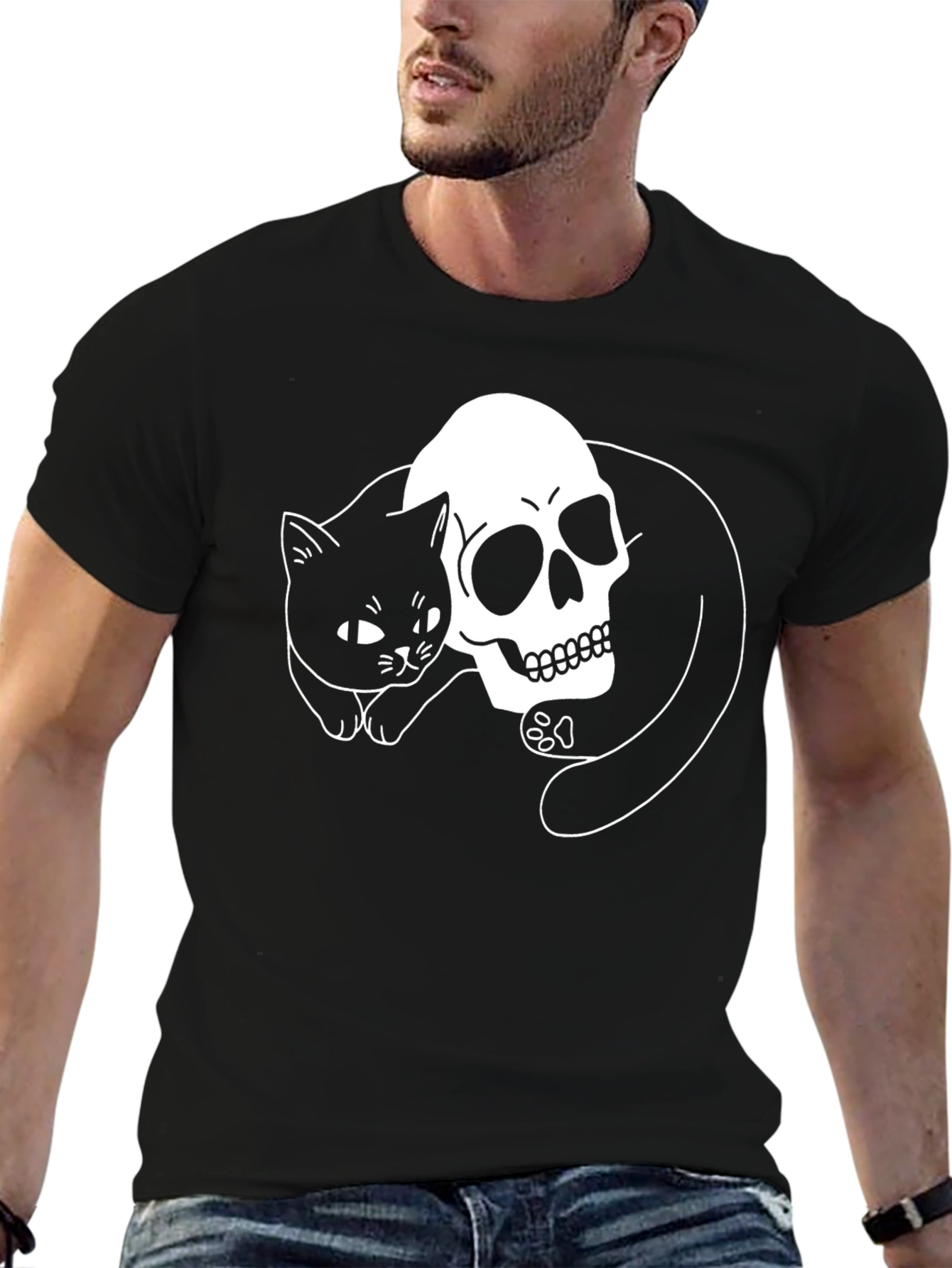 Skull & Cat Graphic T-Shirt - Black