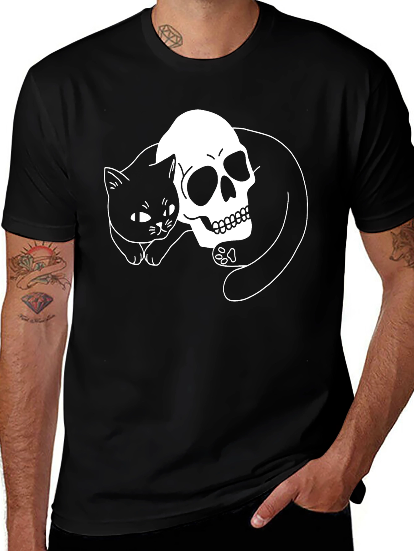 Skull & Cat Graphic T-Shirt - Black