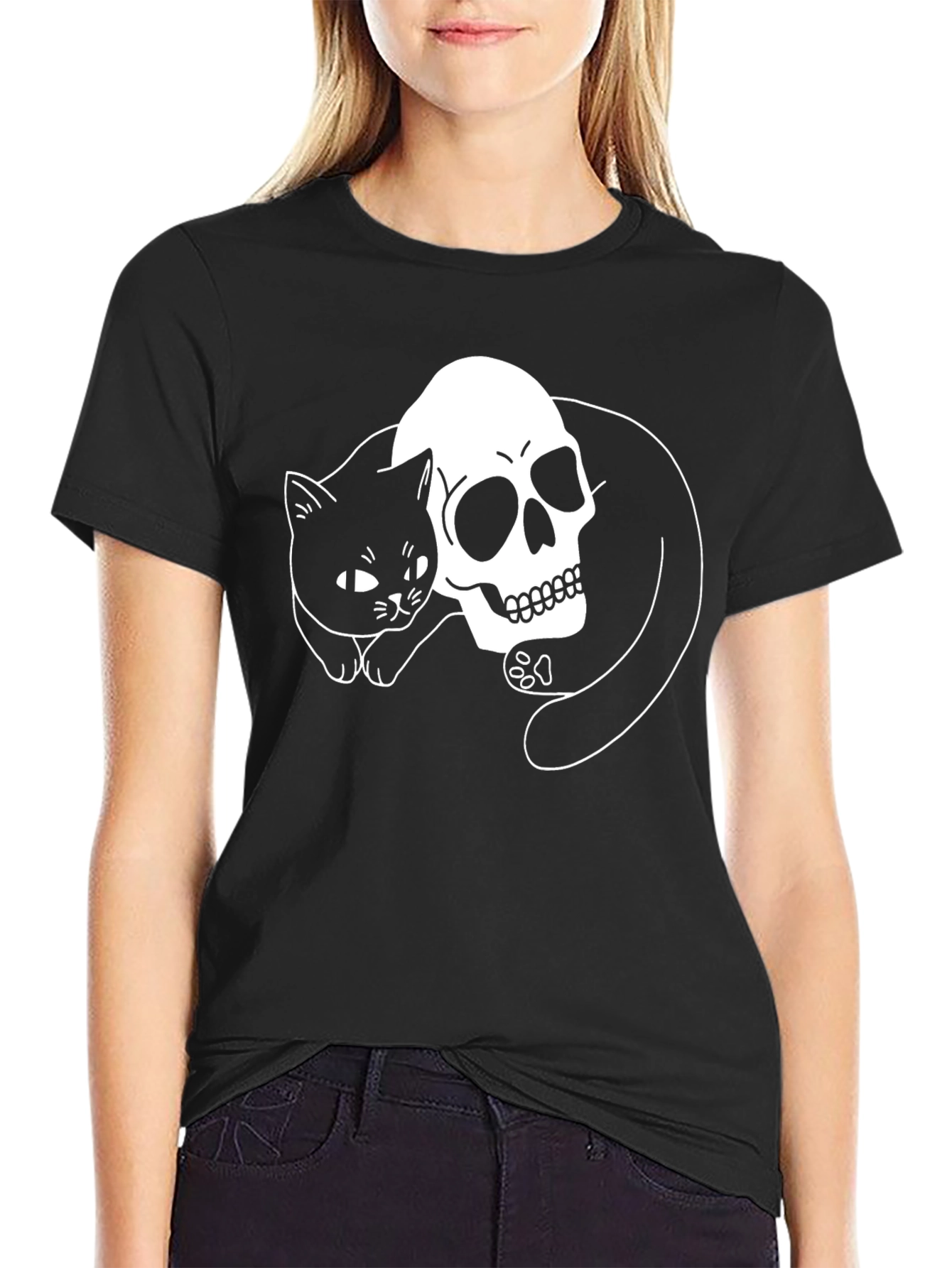 Skull & Cat Graphic T-Shirt - Black
