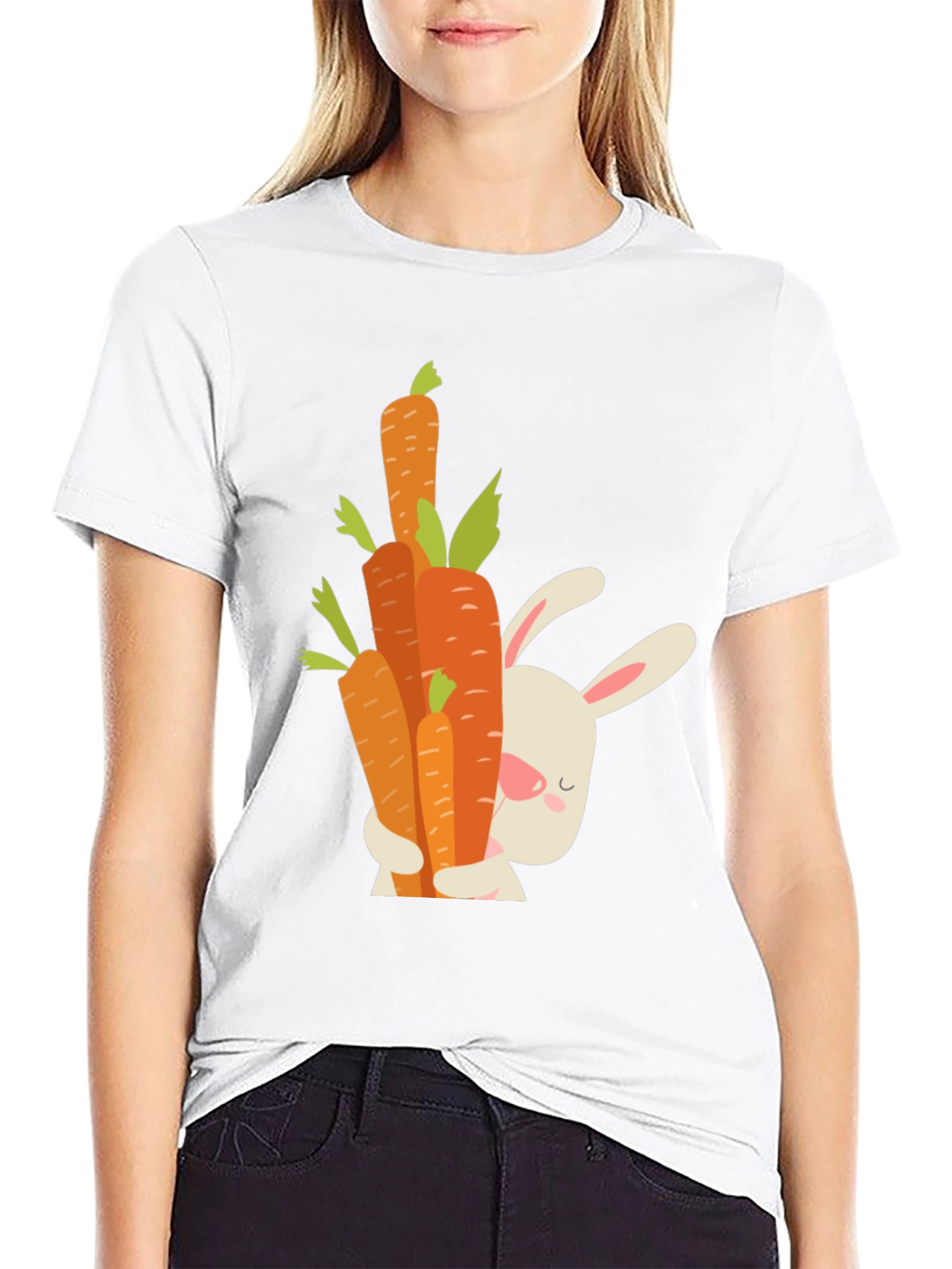 Cute Bunny Hugging Carrots Black T-Shirt