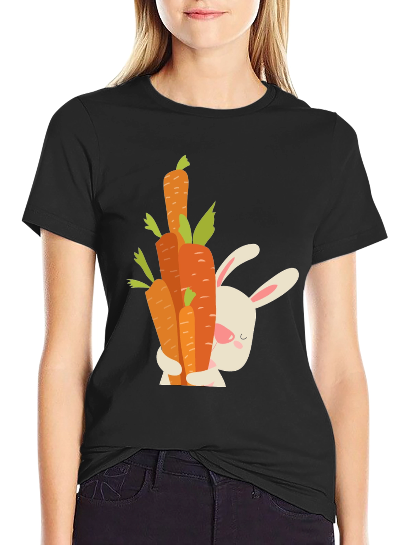 Cute Bunny Hugging Carrots Black T-Shirt