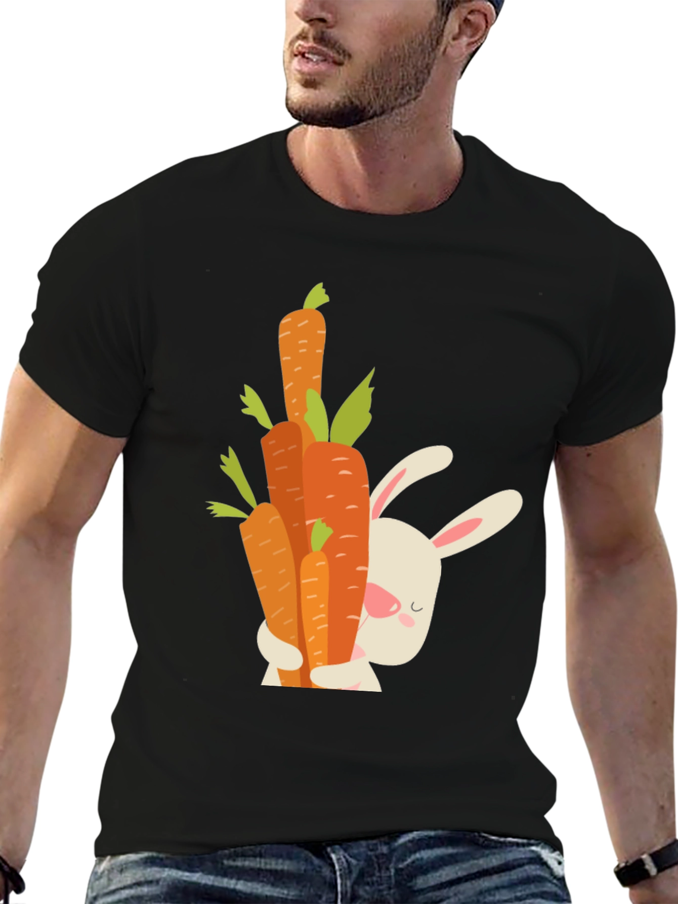 Cute Bunny Hugging Carrots Black T-Shirt