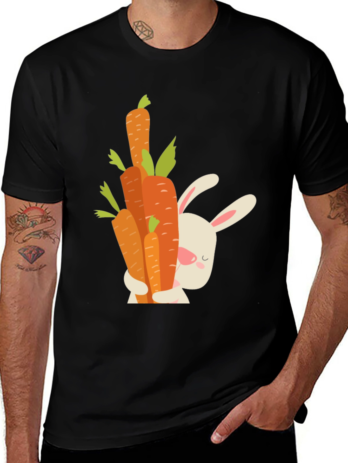 Cute Bunny Hugging Carrots Black T-Shirt