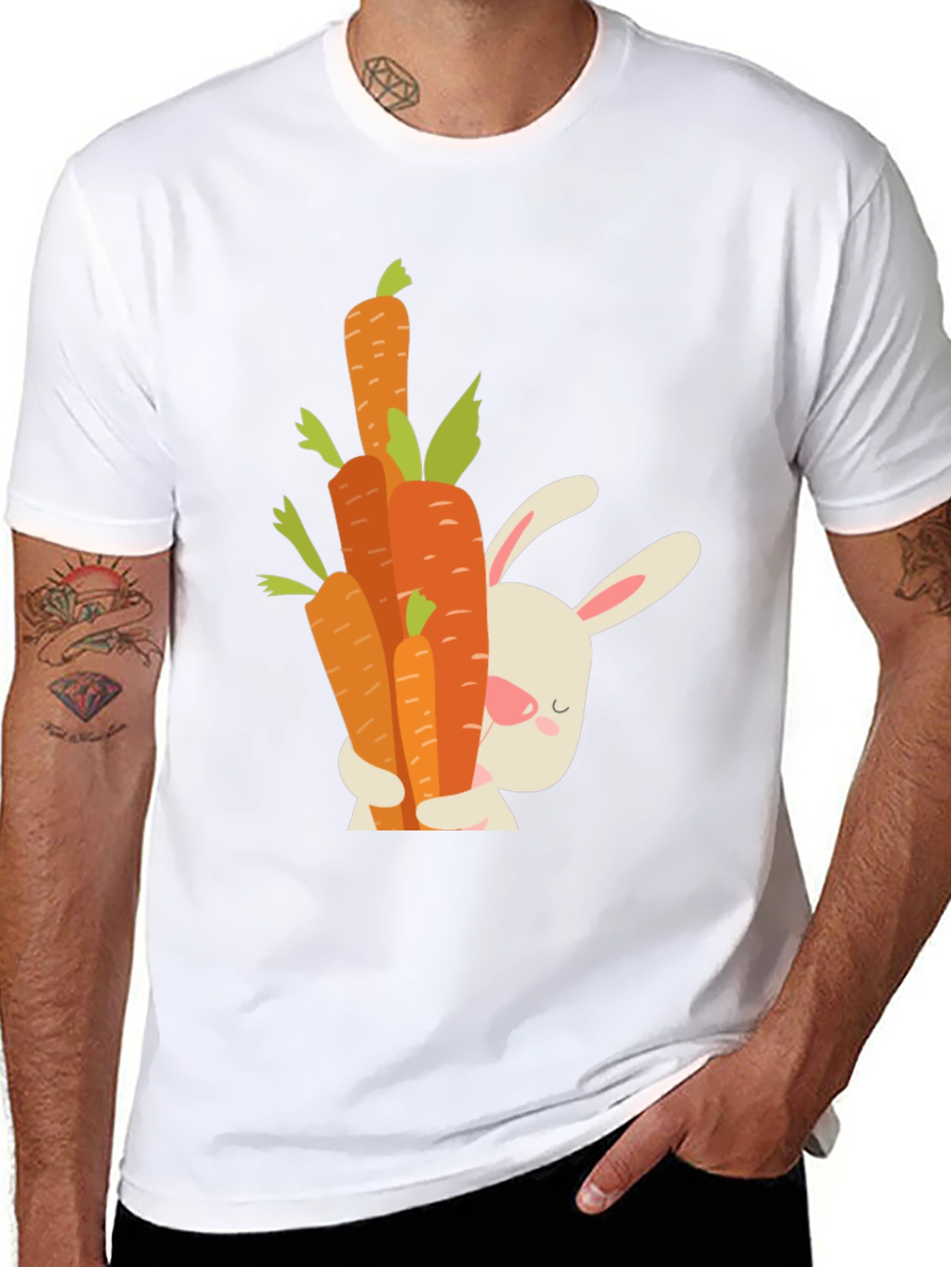 Cute Bunny Hugging Carrots Black T-Shirt