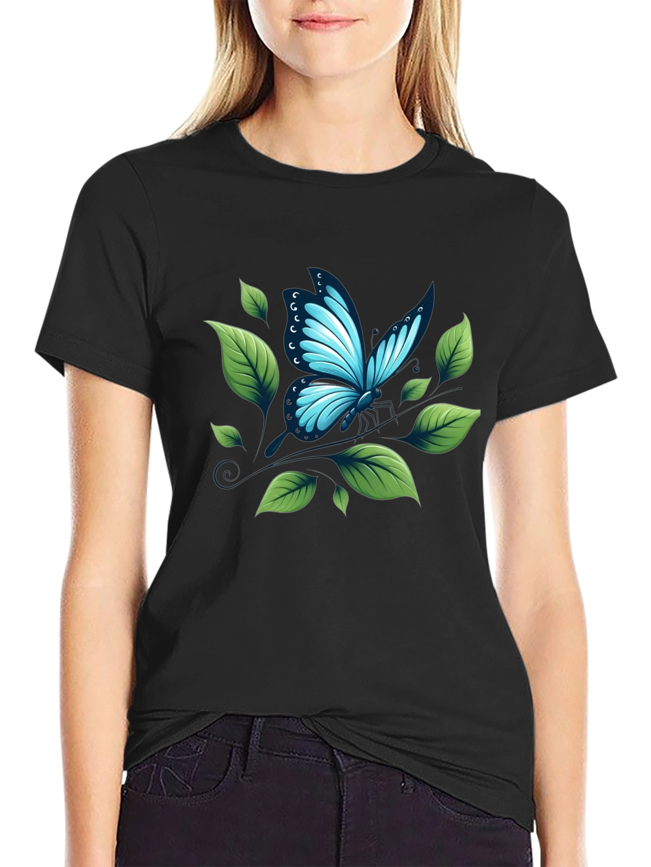 Butterfly & Leaf Graphic Black T-Shirt