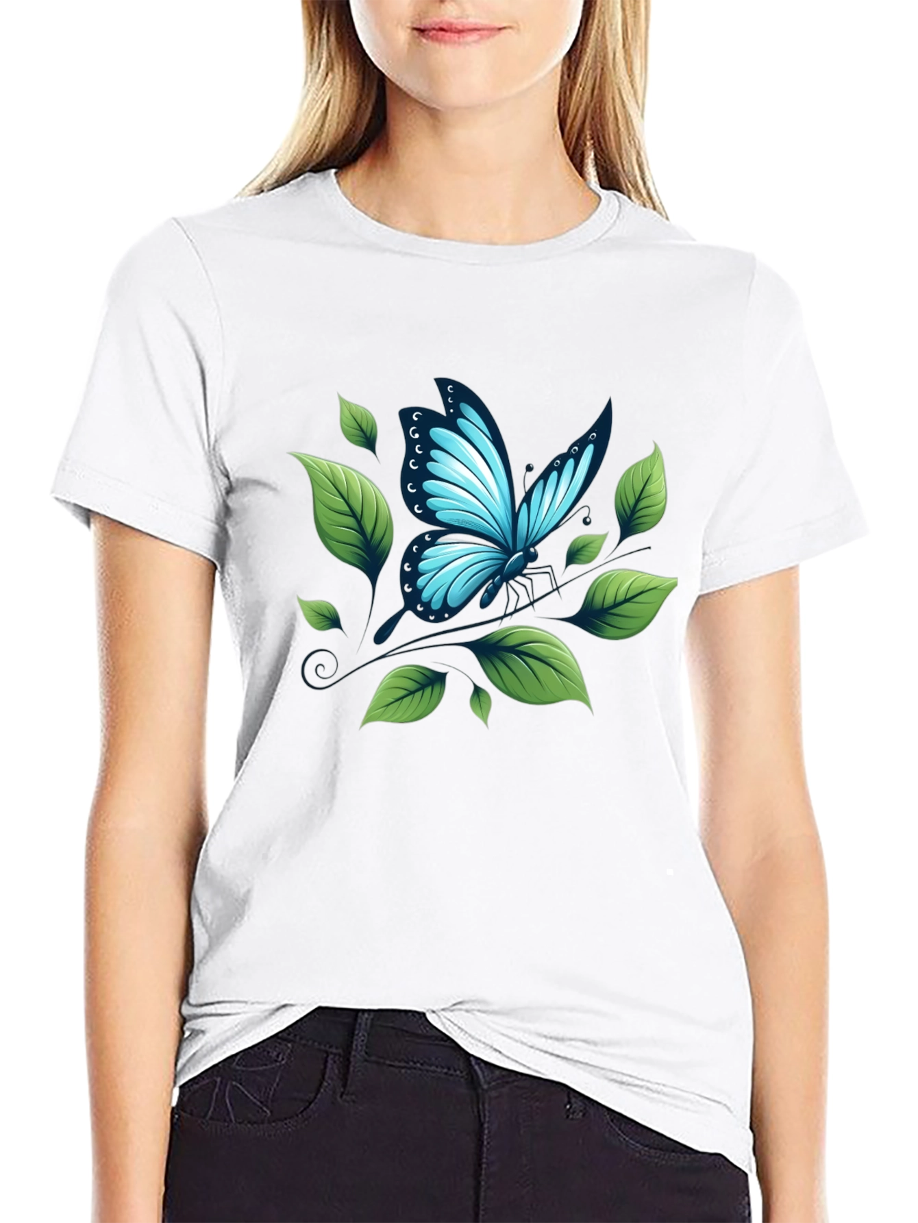 Butterfly & Leaf Graphic Black T-Shirt