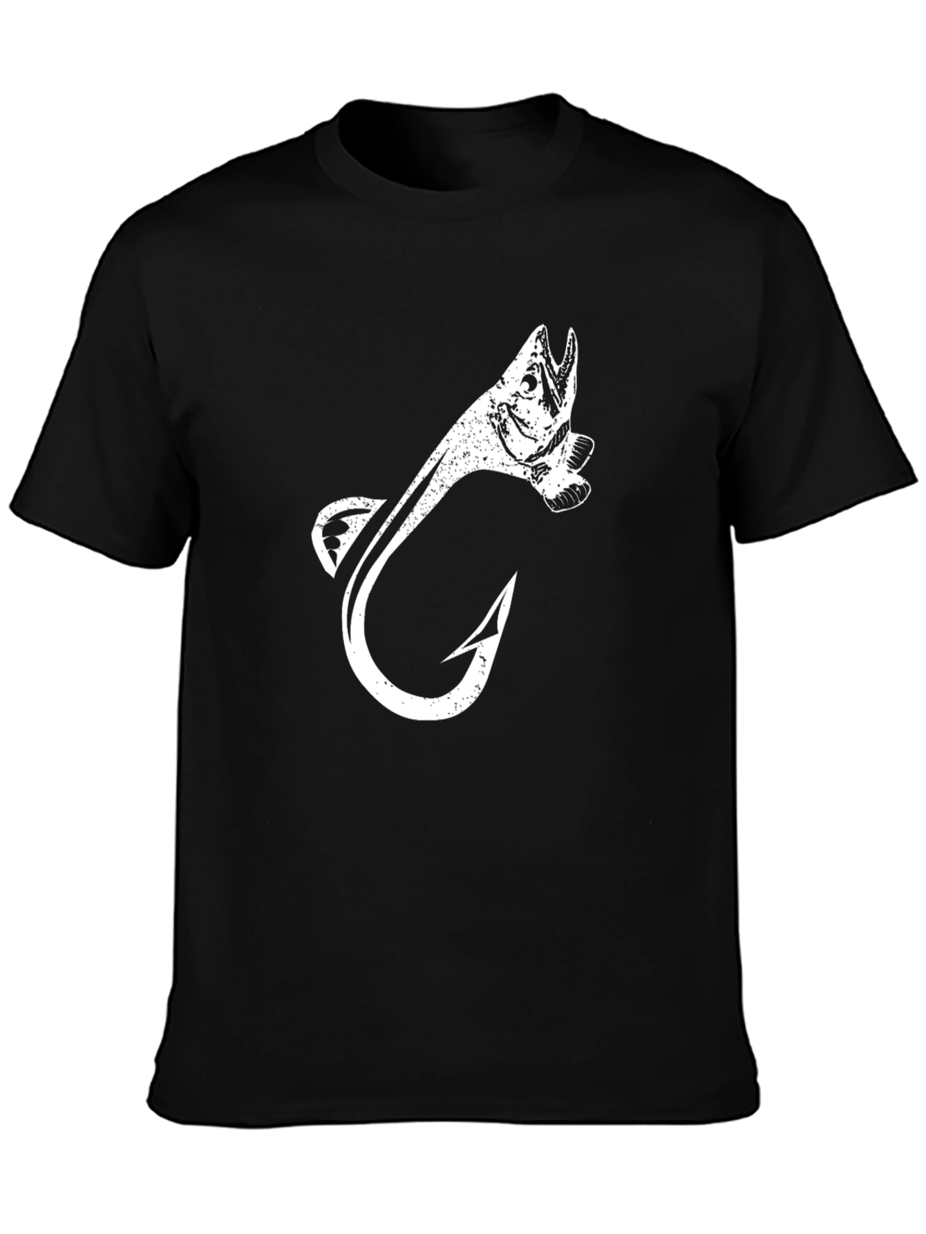 Fishing Hook Fish Graphic Tee - Black Cotton
